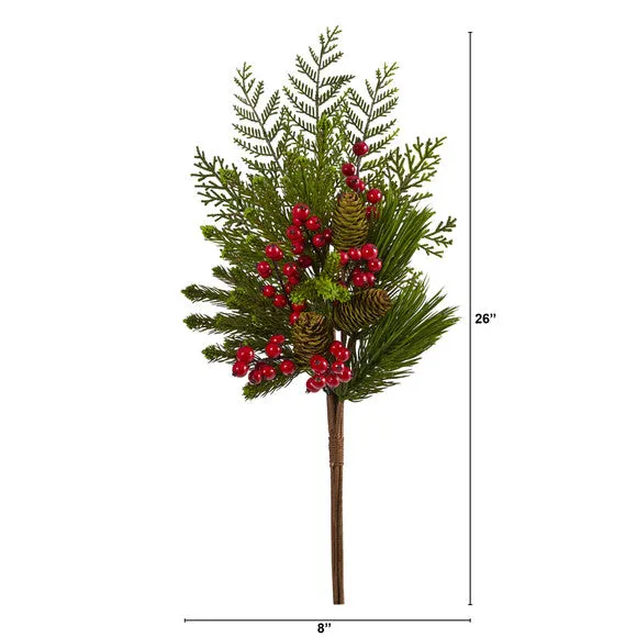 26" Mixed Pine, Pinecone and Berry Artificial Plant (Set of 3)