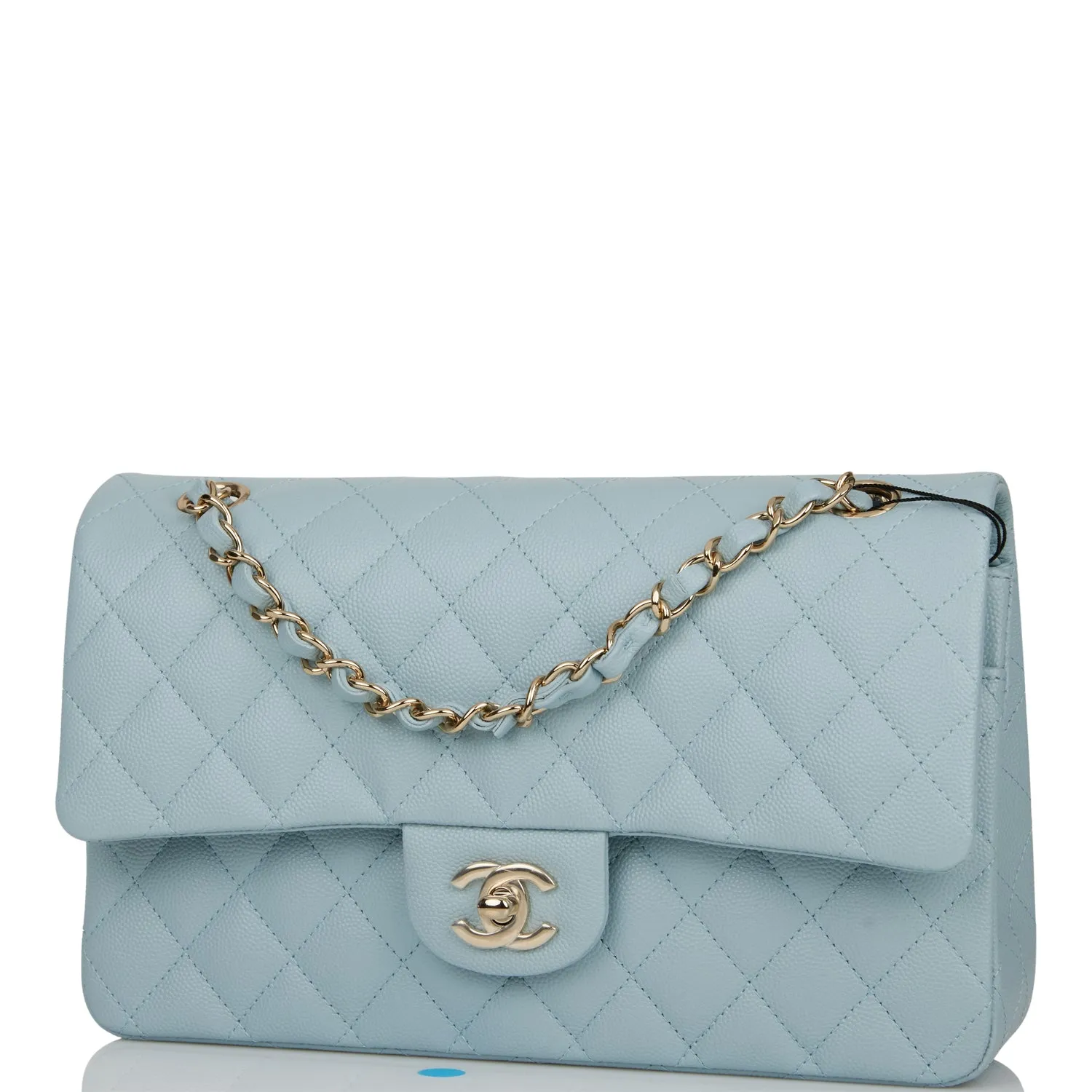 Chanel Medium Classic Double Flap Bag Blue Quilted Caviar Light Gold Hardware