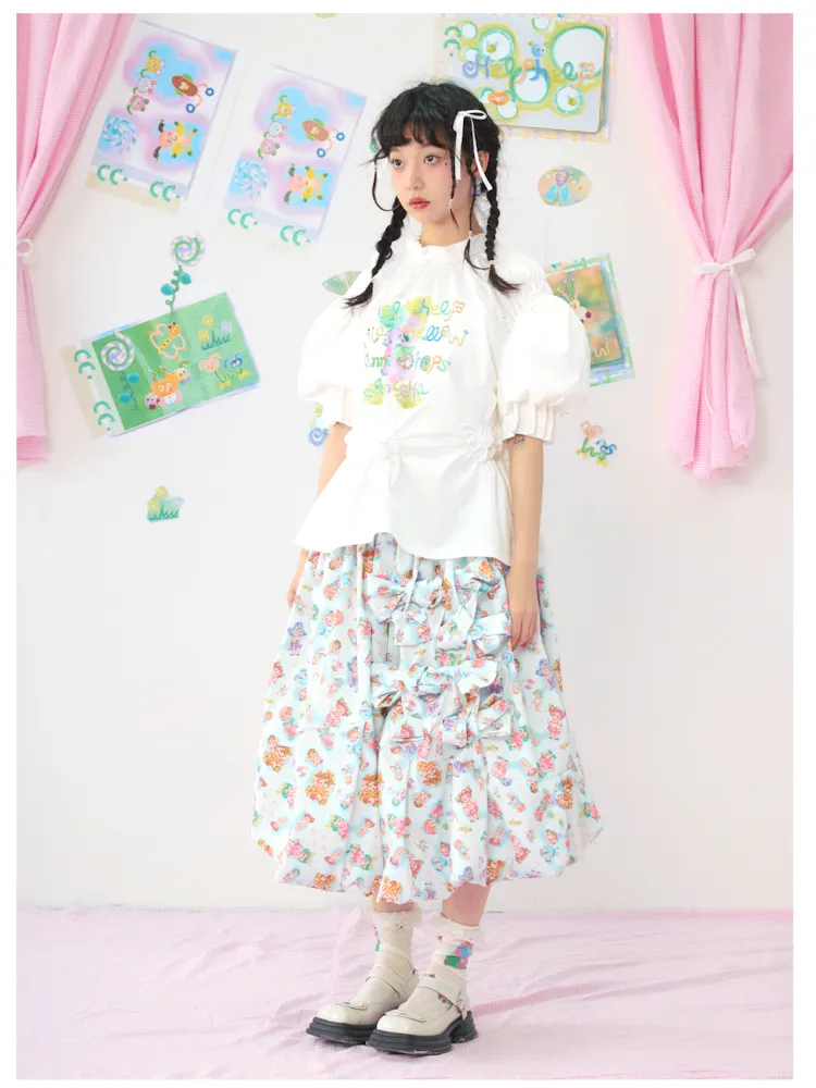 Colourful Printed Bowknot Blue Large Silhouette Half Skirt【s0000009073】