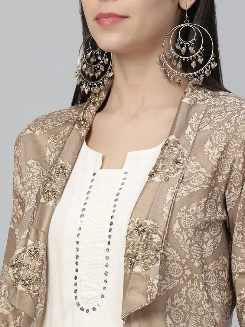 Elite Off White Jamdani Silk Printed Straight Kurta Palazzo Set with Shrug For Women