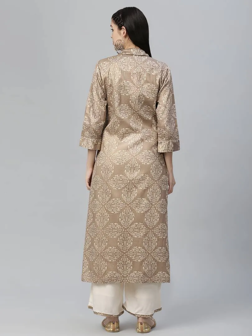 Elite Off White Jamdani Silk Printed Straight Kurta Palazzo Set with Shrug For Women