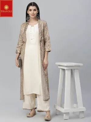 Elite Off White Jamdani Silk Printed Straight Kurta Palazzo Set with Shrug For Women