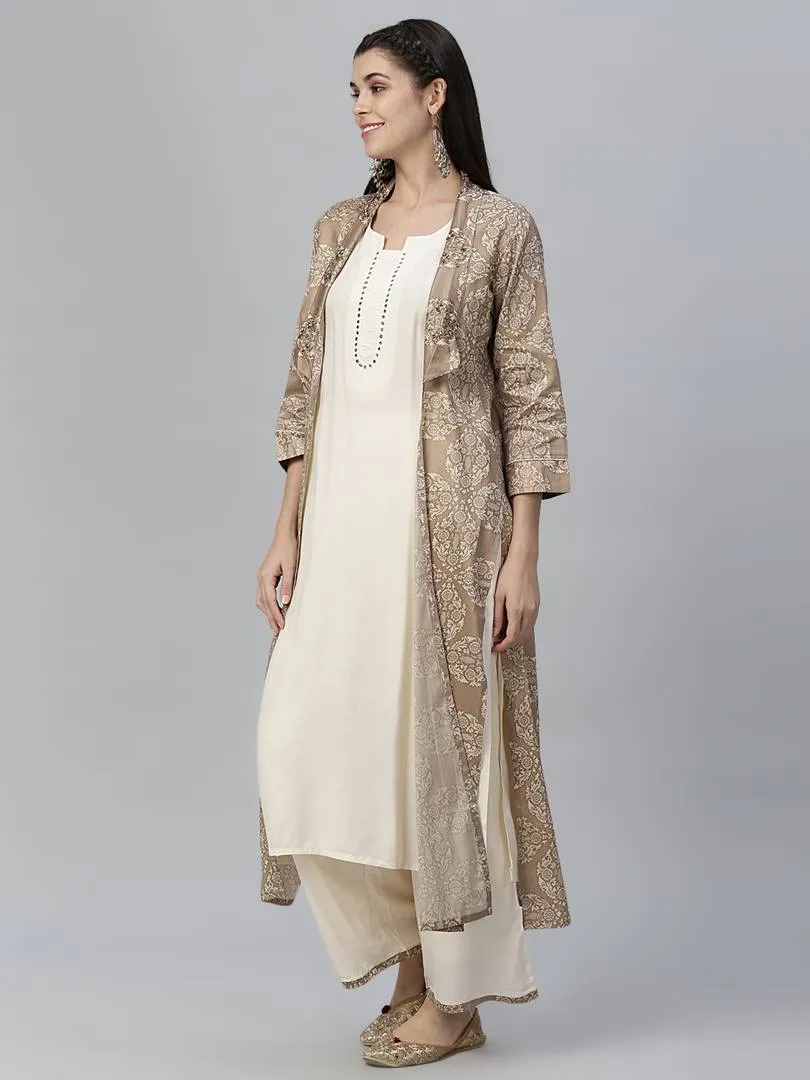 Elite Off White Jamdani Silk Printed Straight Kurta Palazzo Set with Shrug For Women