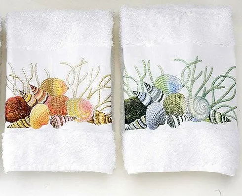 Embroidered Shells And Coral Towels