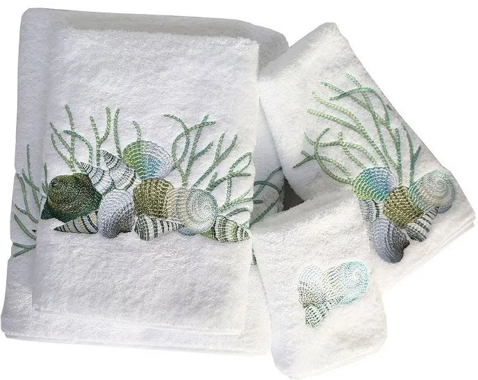 Embroidered Shells And Coral Towels