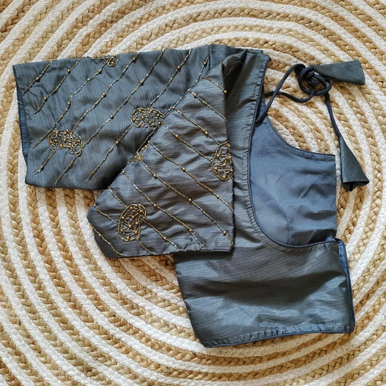 Grey Pure Silk Blouse with Handcrafted Sleeves and Back Opening