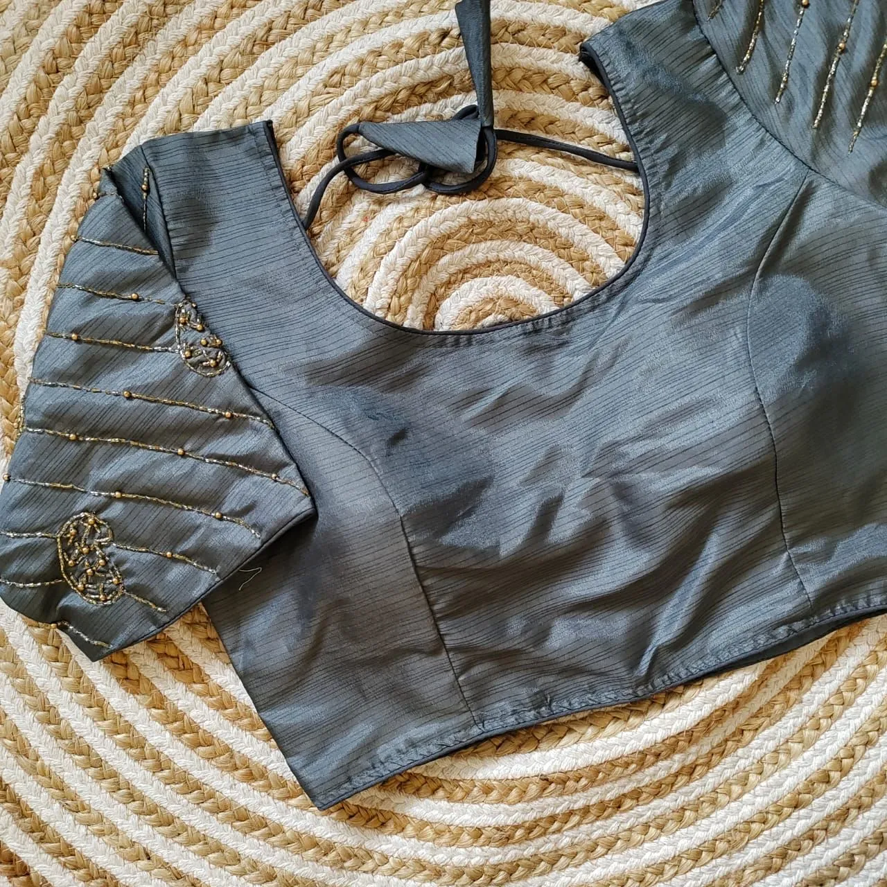 Grey Pure Silk Blouse with Handcrafted Sleeves and Back Opening