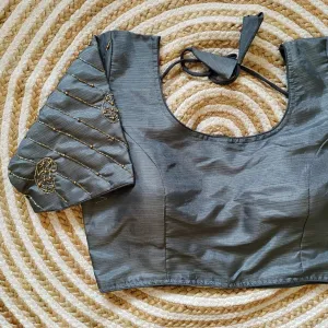 Grey Pure Silk Blouse with Handcrafted Sleeves and Back Opening