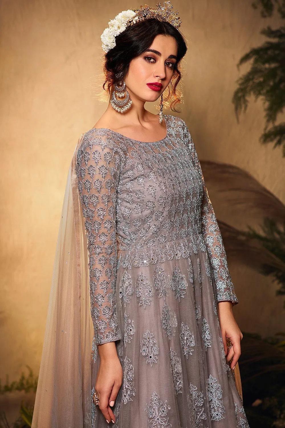Grey Sequins Embroidered Net Anarkali Suit