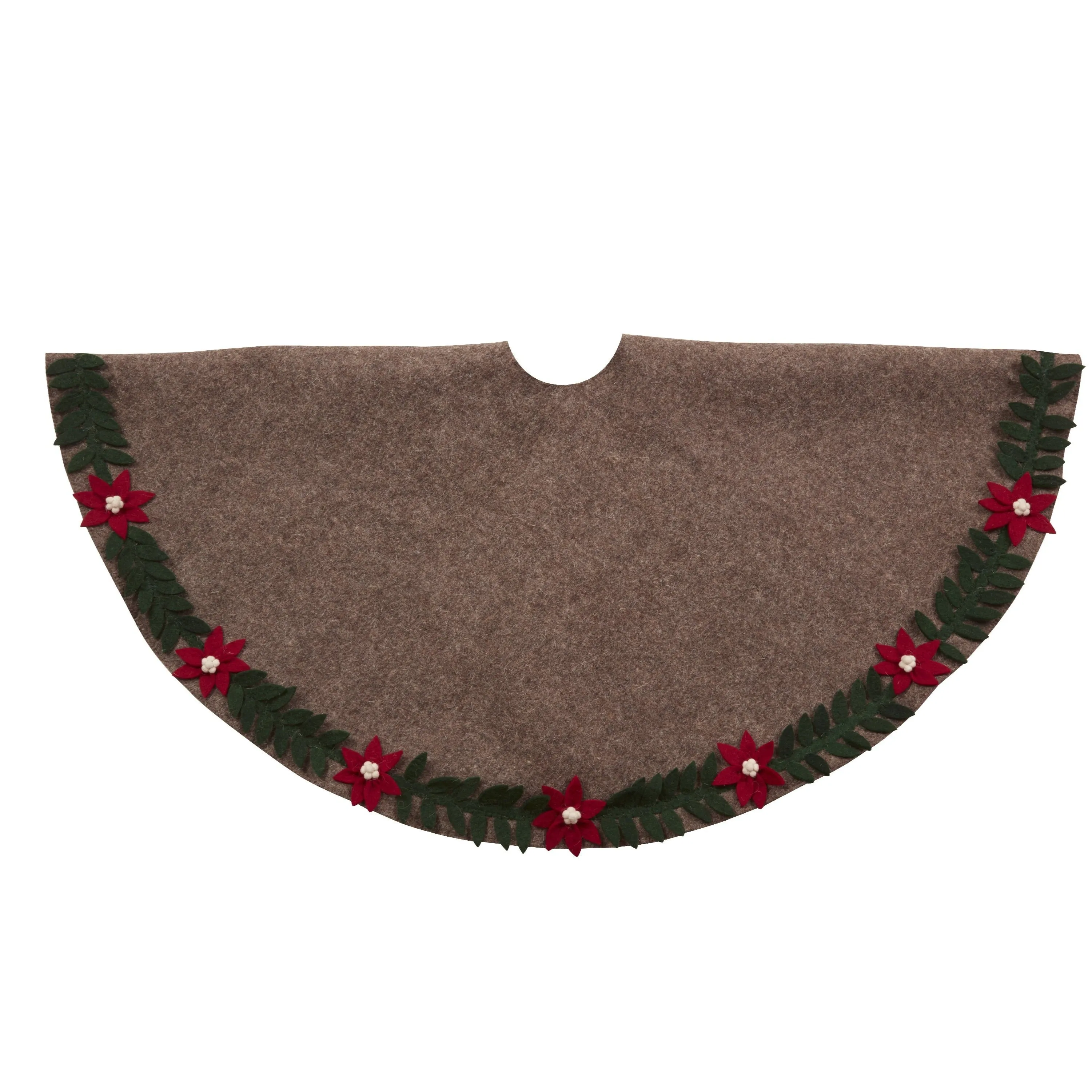 Handmade Felt Christmas Tree Skirt - Poinsettia Border on Gray - 60"