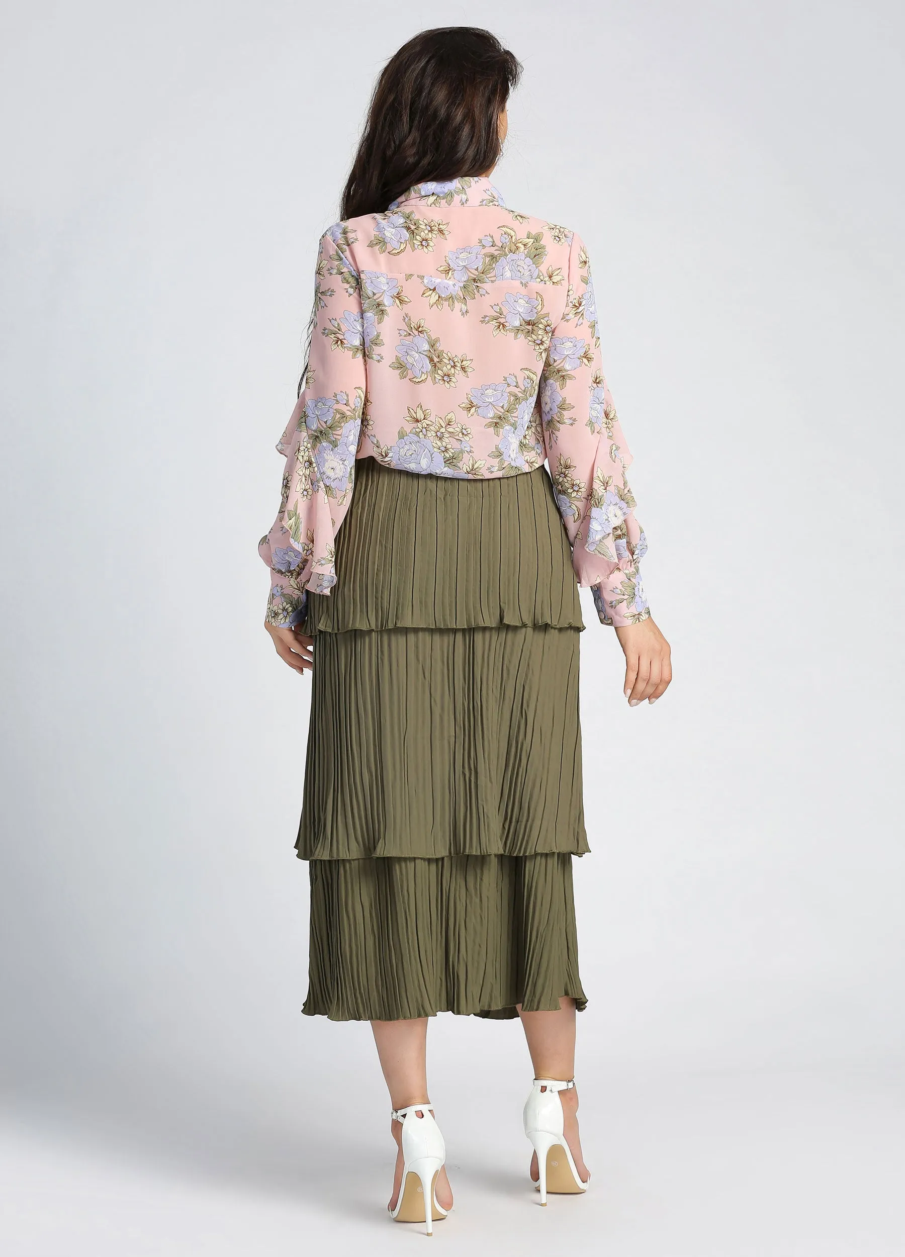 MECALA Women's Floral Print Long Sleeve Ruffled Trim Blouse