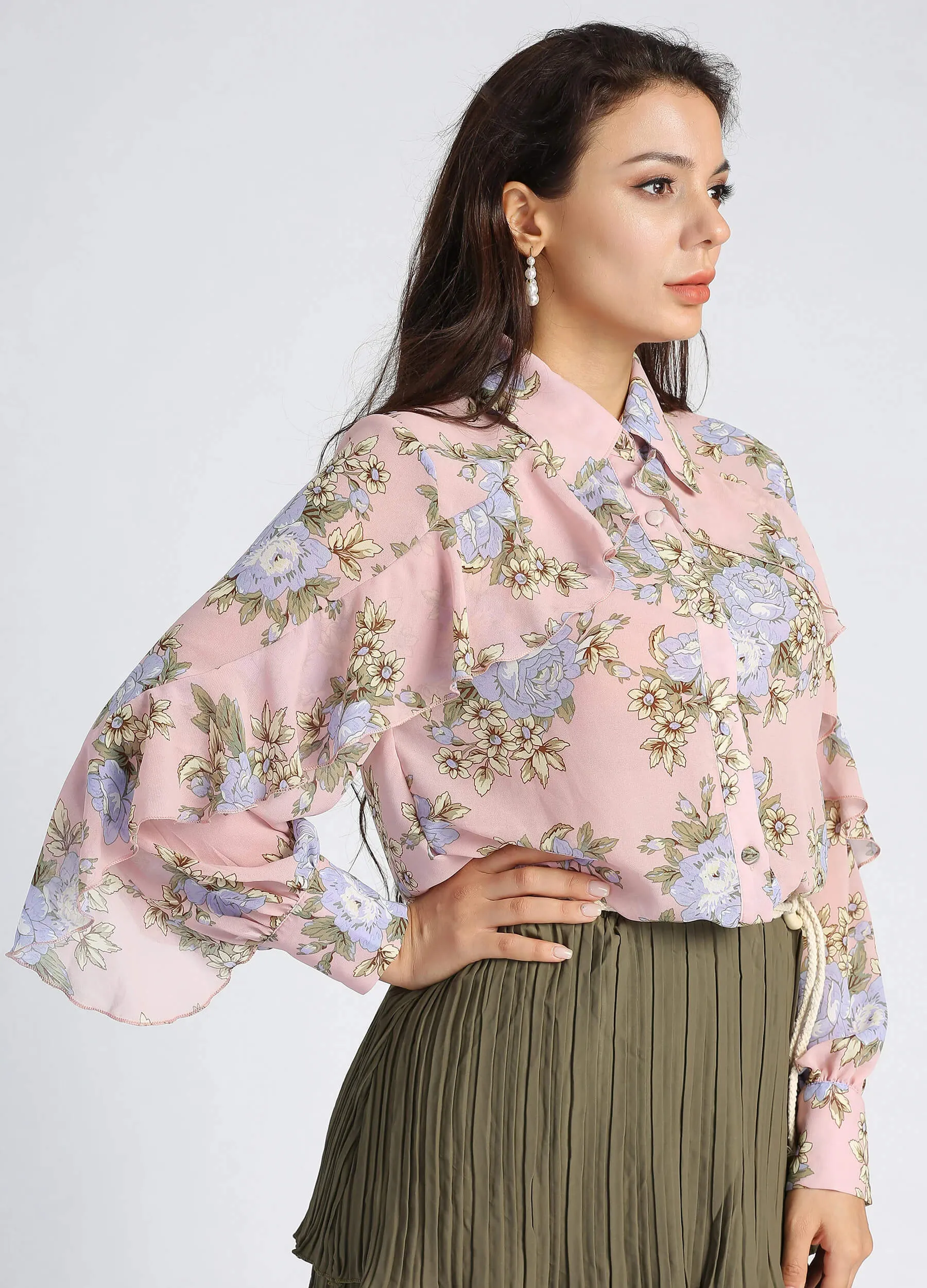 MECALA Women's Floral Print Long Sleeve Ruffled Trim Blouse