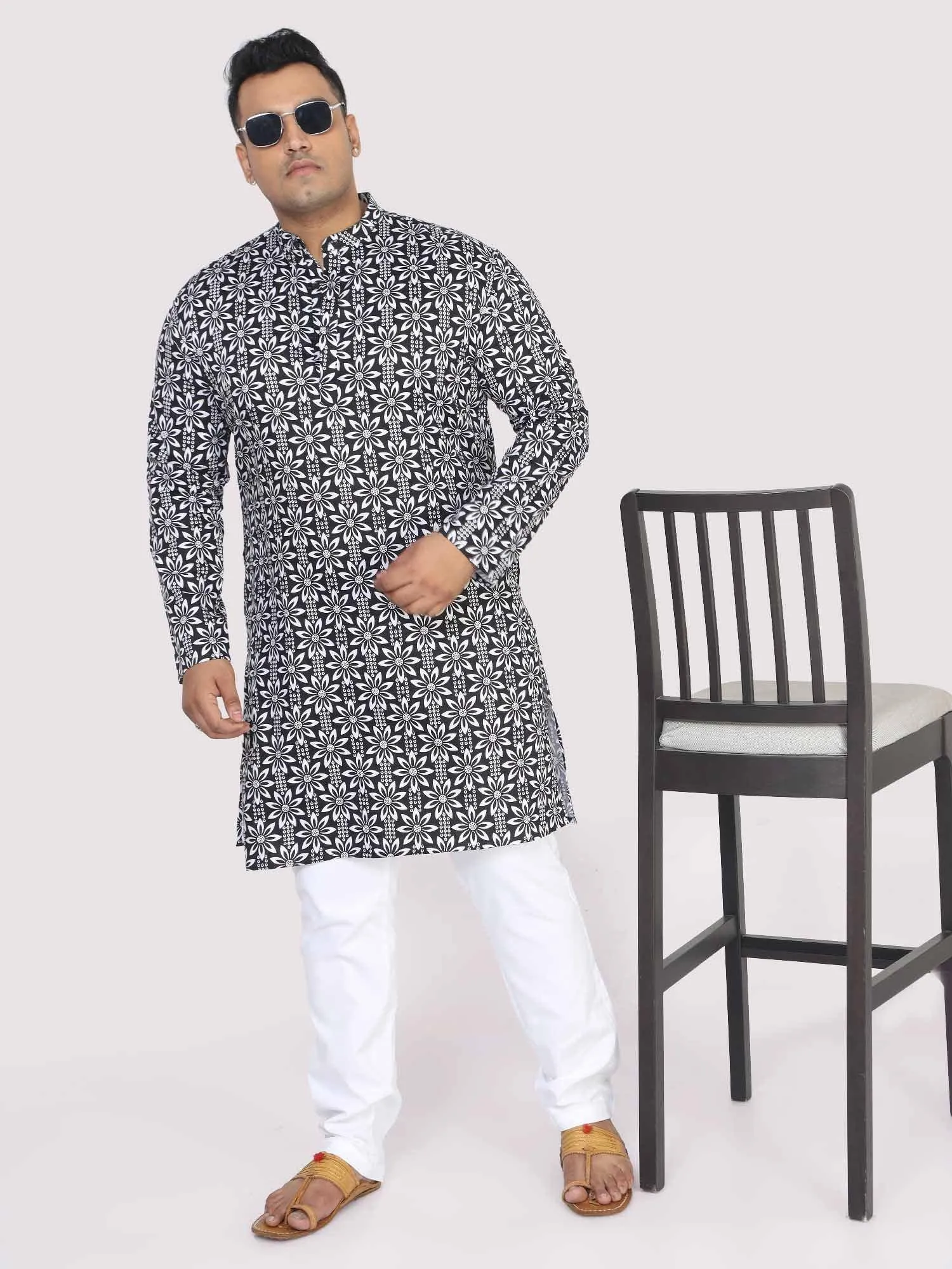 Men Plus Size Black Floral Digital Printed Kurta