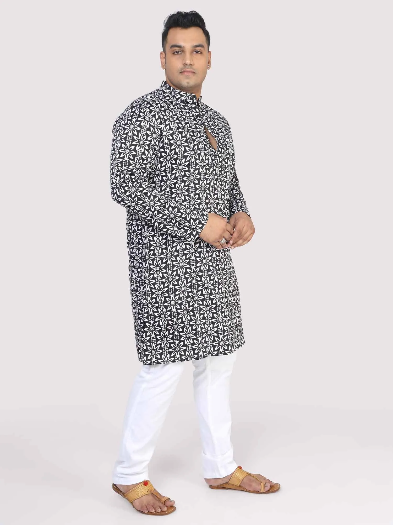 Men Plus Size Black Floral Digital Printed Kurta