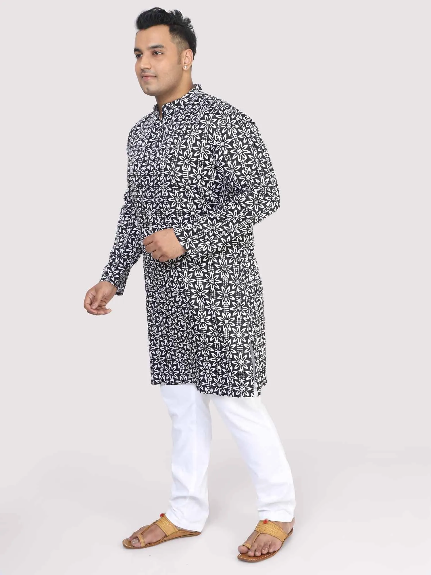 Men Plus Size Black Floral Digital Printed Kurta