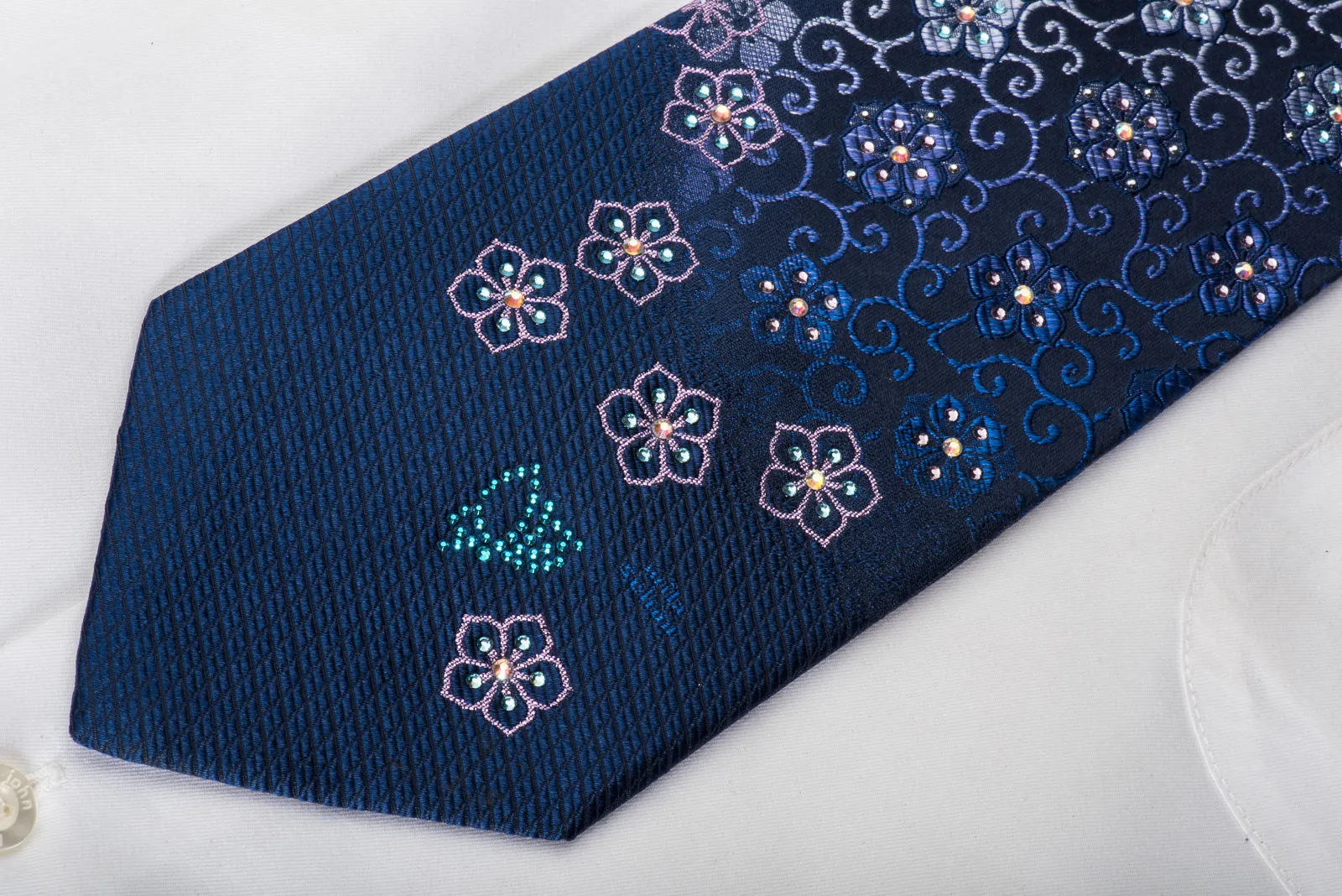 Mila Schon Rhinestone Silk Necktie Floral Butterflies On Blue With Purple Sparkles