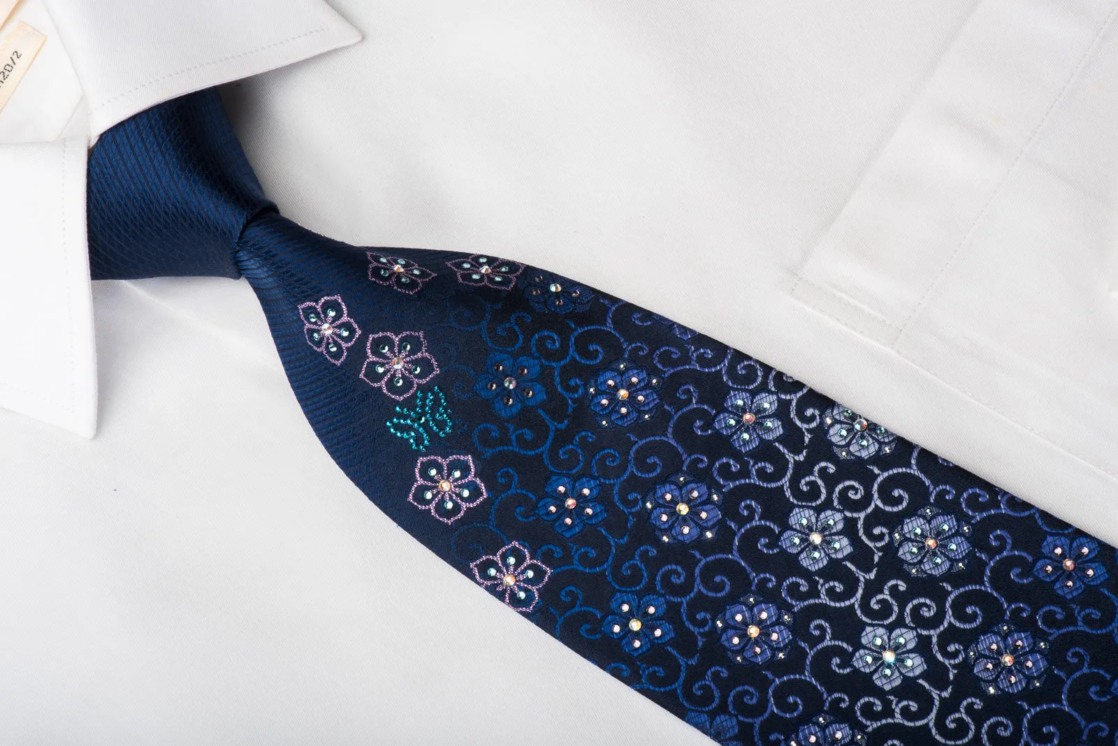 Mila Schon Rhinestone Silk Necktie Floral Butterflies On Blue With Purple Sparkles