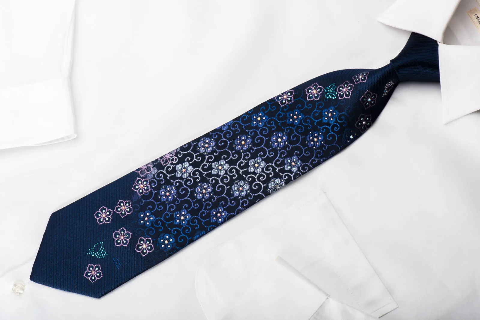 Mila Schon Rhinestone Silk Necktie Floral Butterflies On Blue With Purple Sparkles