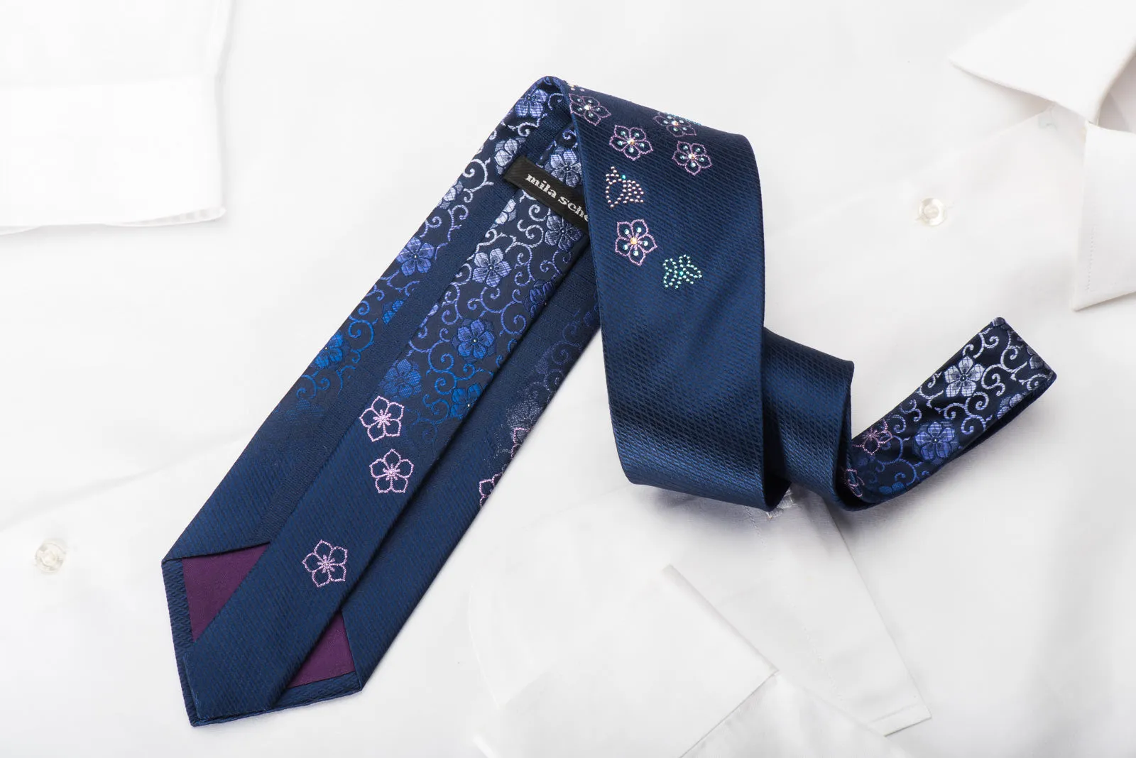 Mila Schon Rhinestone Silk Necktie Floral Butterflies On Blue With Purple Sparkles
