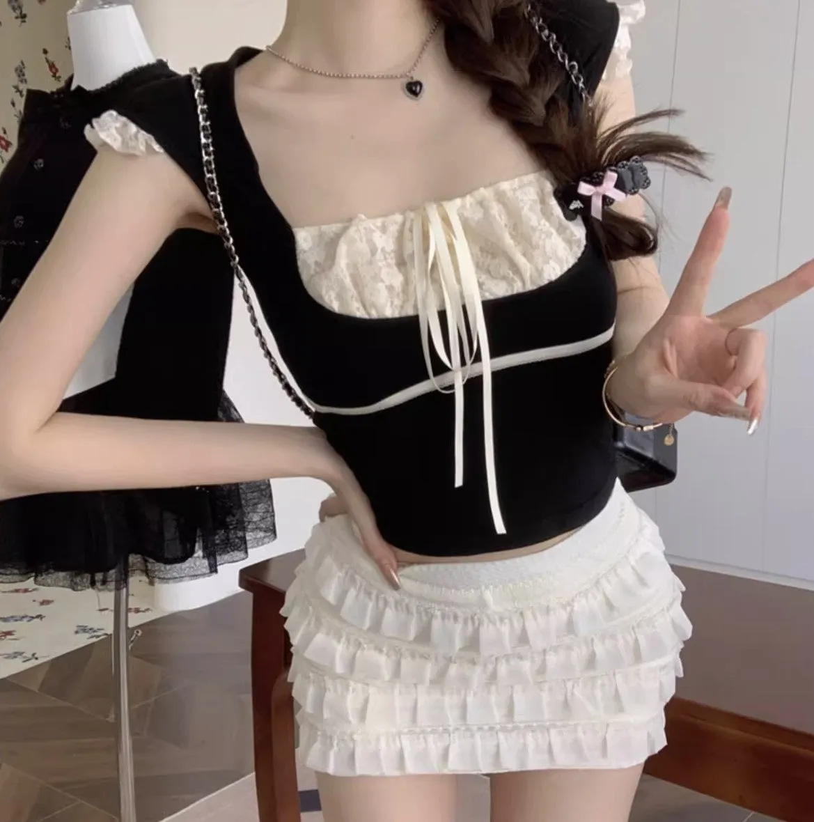 Monet Coquette Balletcore Lace Black Camisole & Ruffle White Skirt Two Piece Set