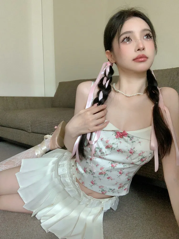 Monet Floral Bow Camisole Coquette Summer Pleated White Skirt Two Piece Set