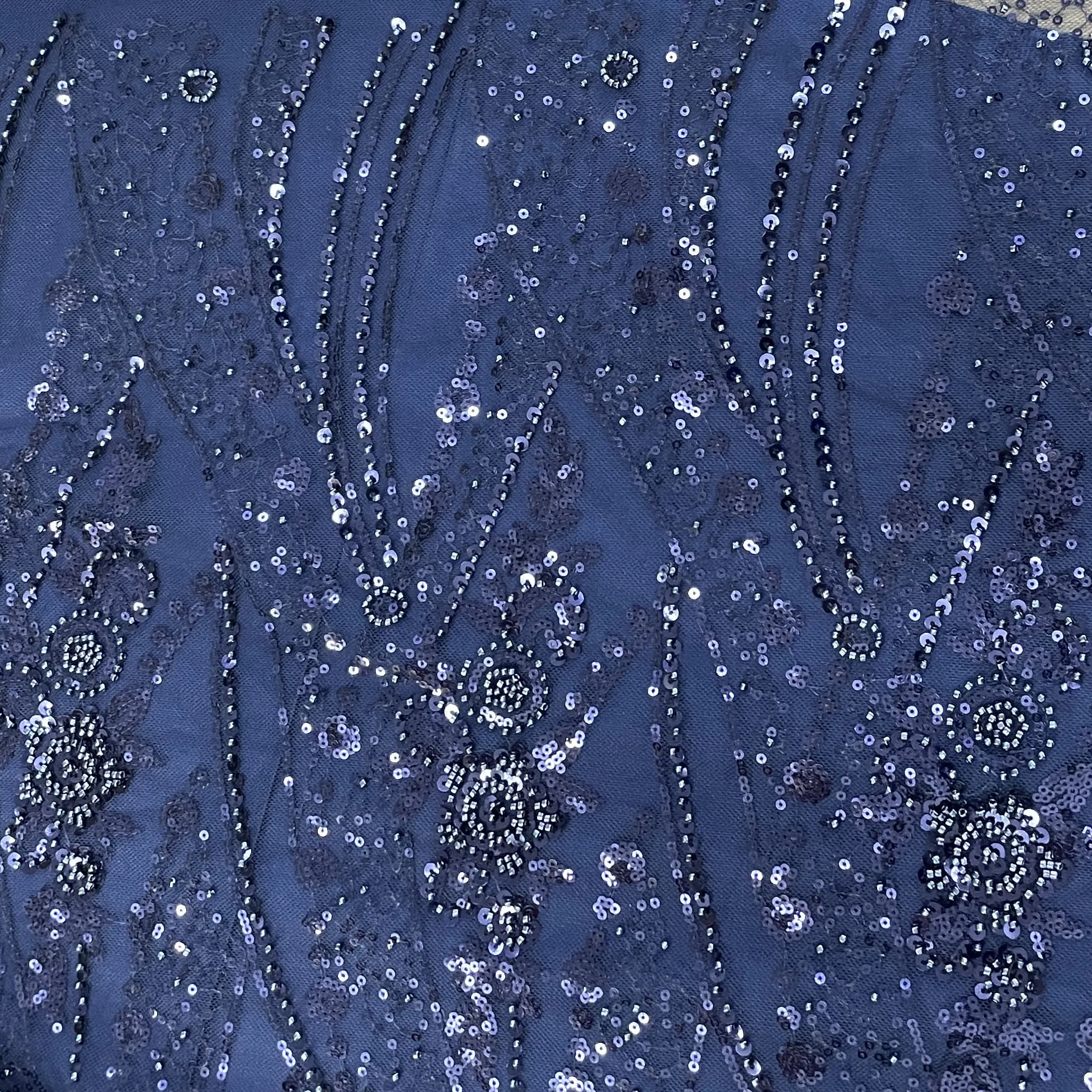 Navy Blue Cutdana Sequins Embroidery Net Fabric 19899