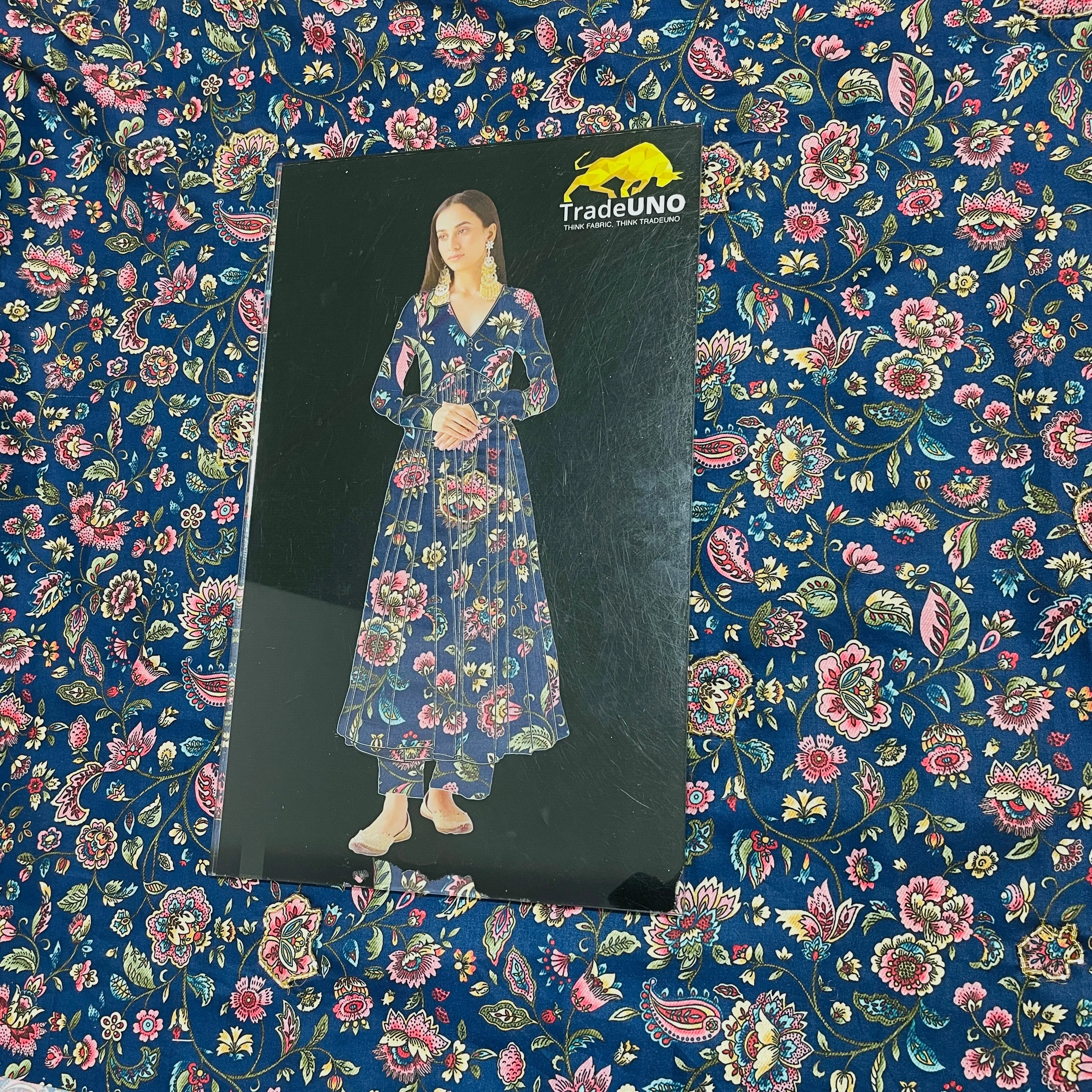 Navy Blue Floral Hand Embroidery Modal Satin Fabric 51
