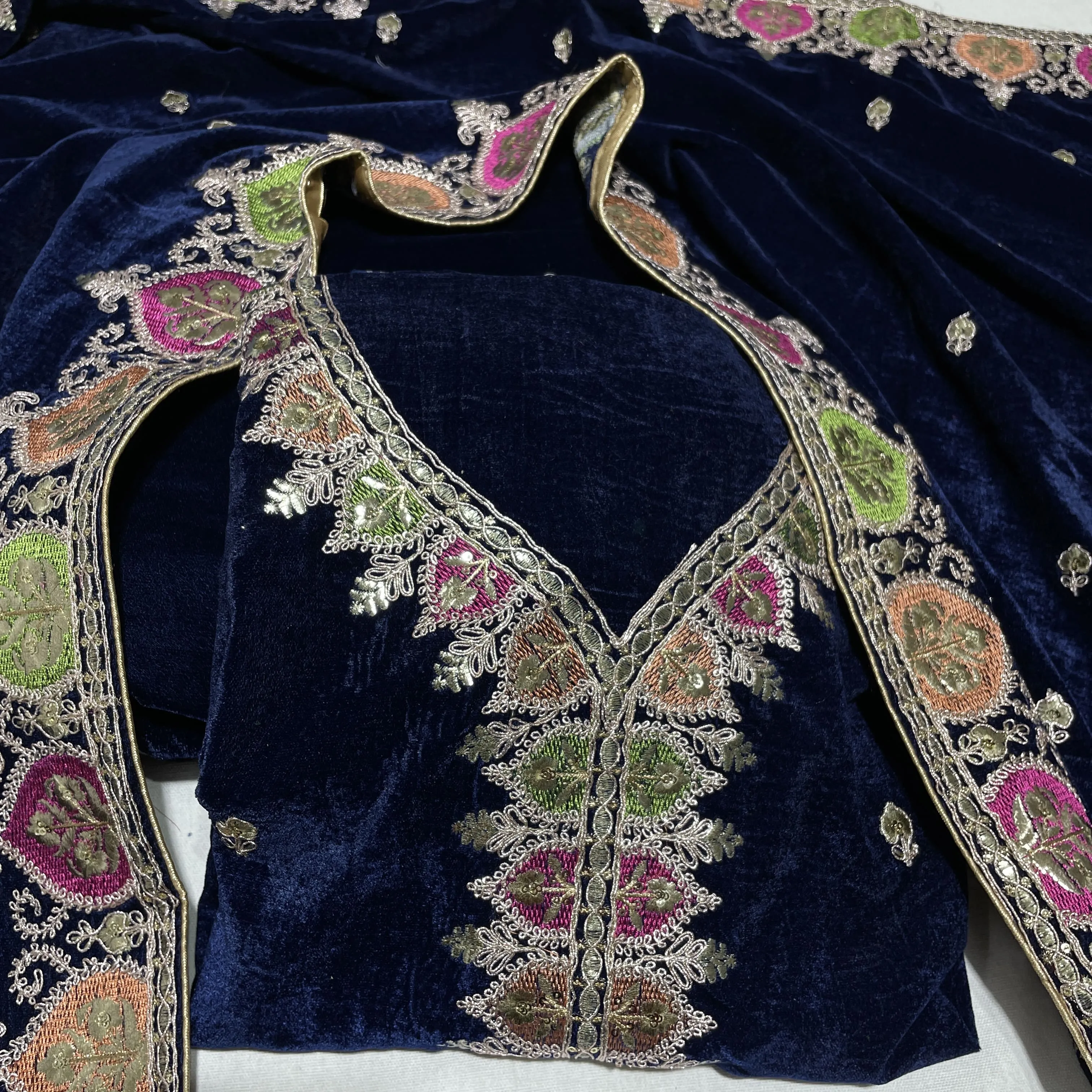 Premium Blue Multicolor Thread Sequins Embroidery Velvet Suit Set With Dupatta