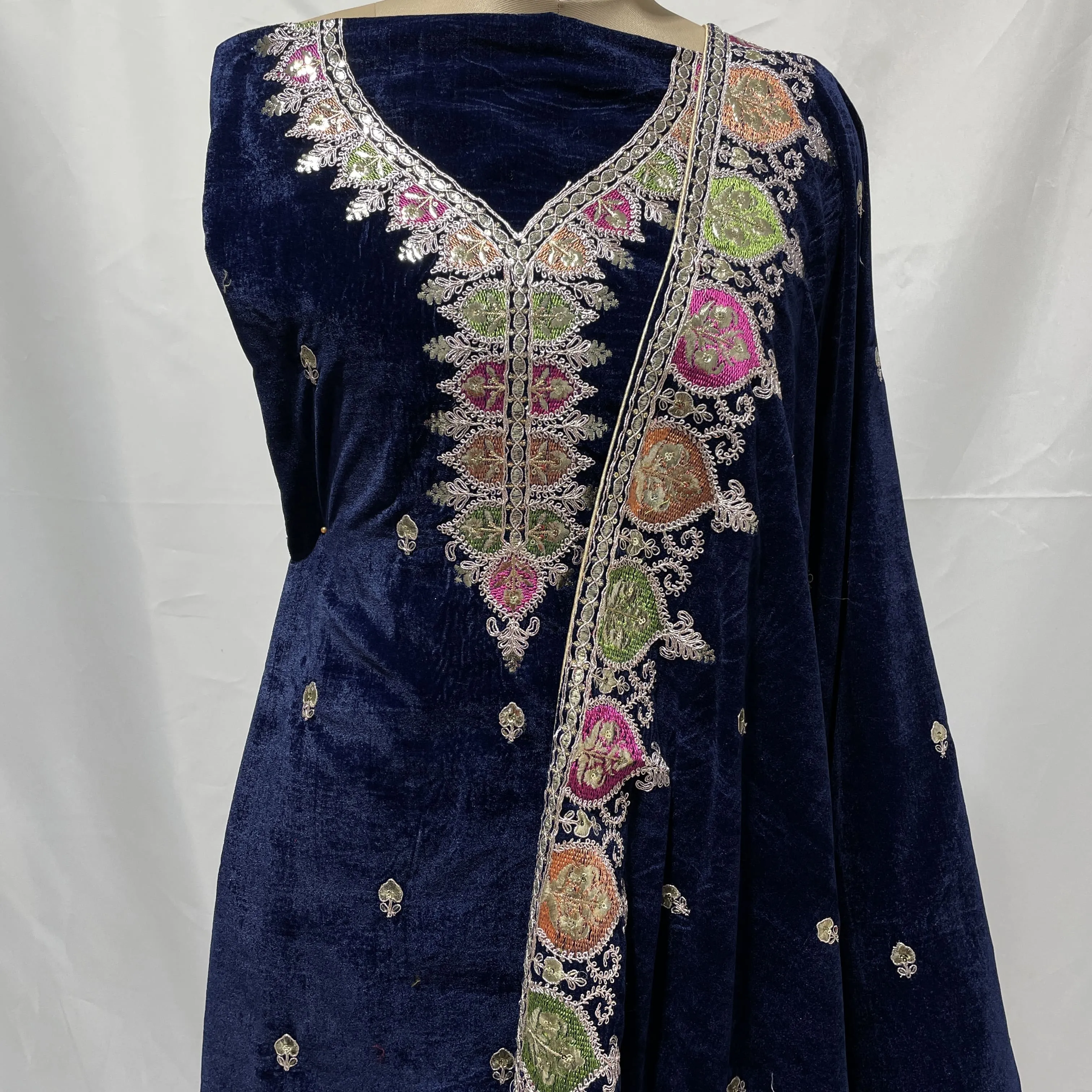 Premium Blue Multicolor Thread Sequins Embroidery Velvet Suit Set With Dupatta