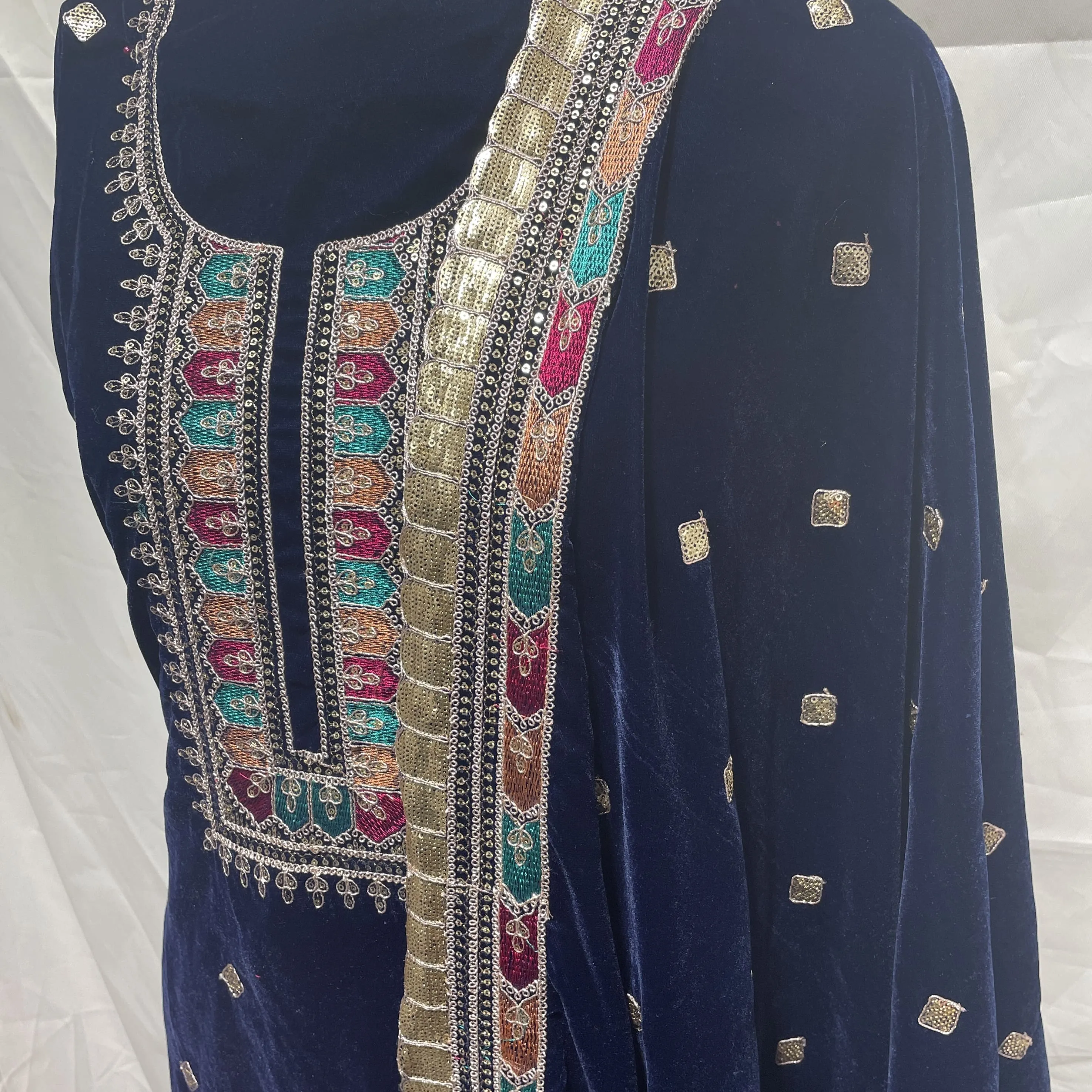 Premium Blue Thread Sequins Embroidery Velvet Suit Set With Dupatta