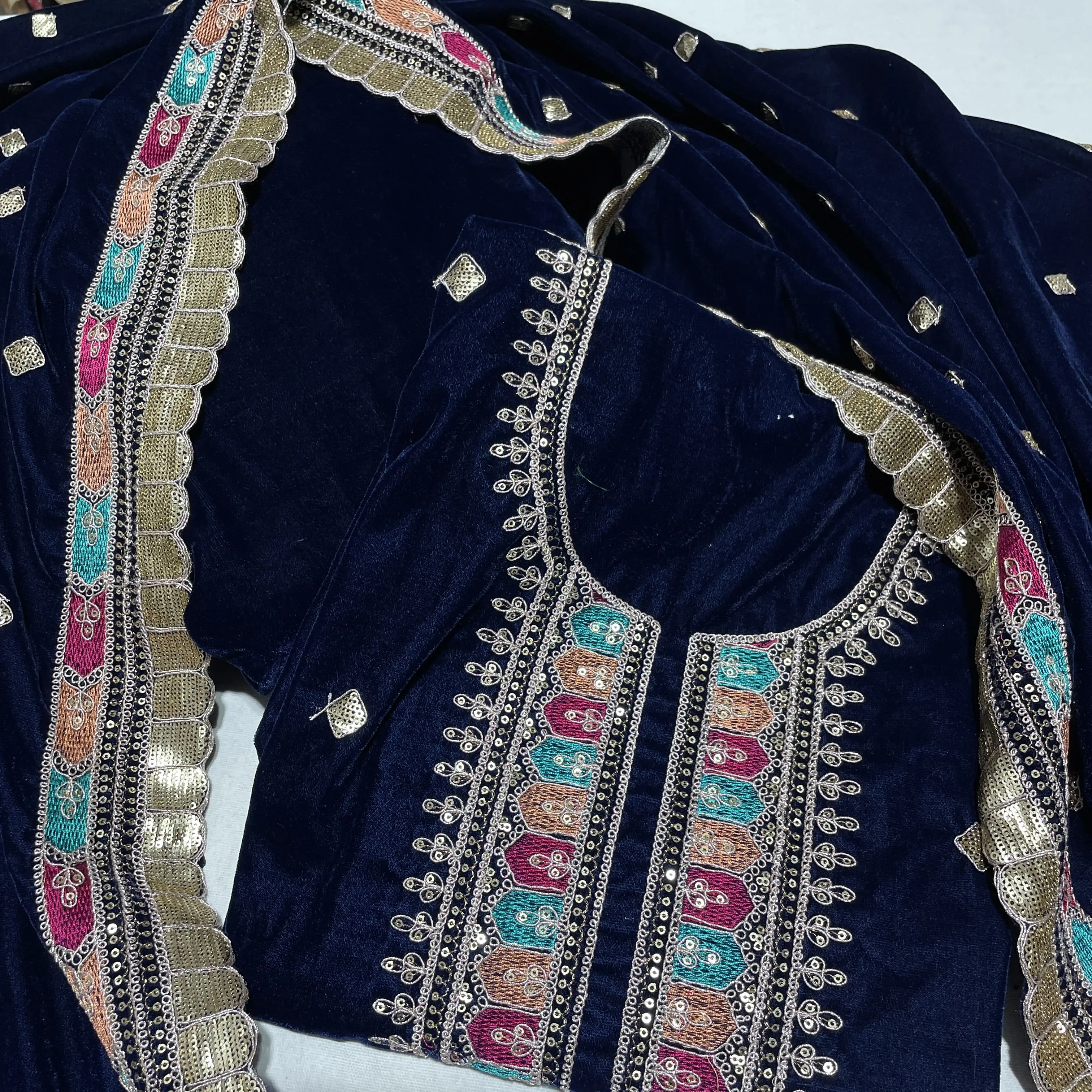 Premium Blue Thread Sequins Embroidery Velvet Suit Set With Dupatta