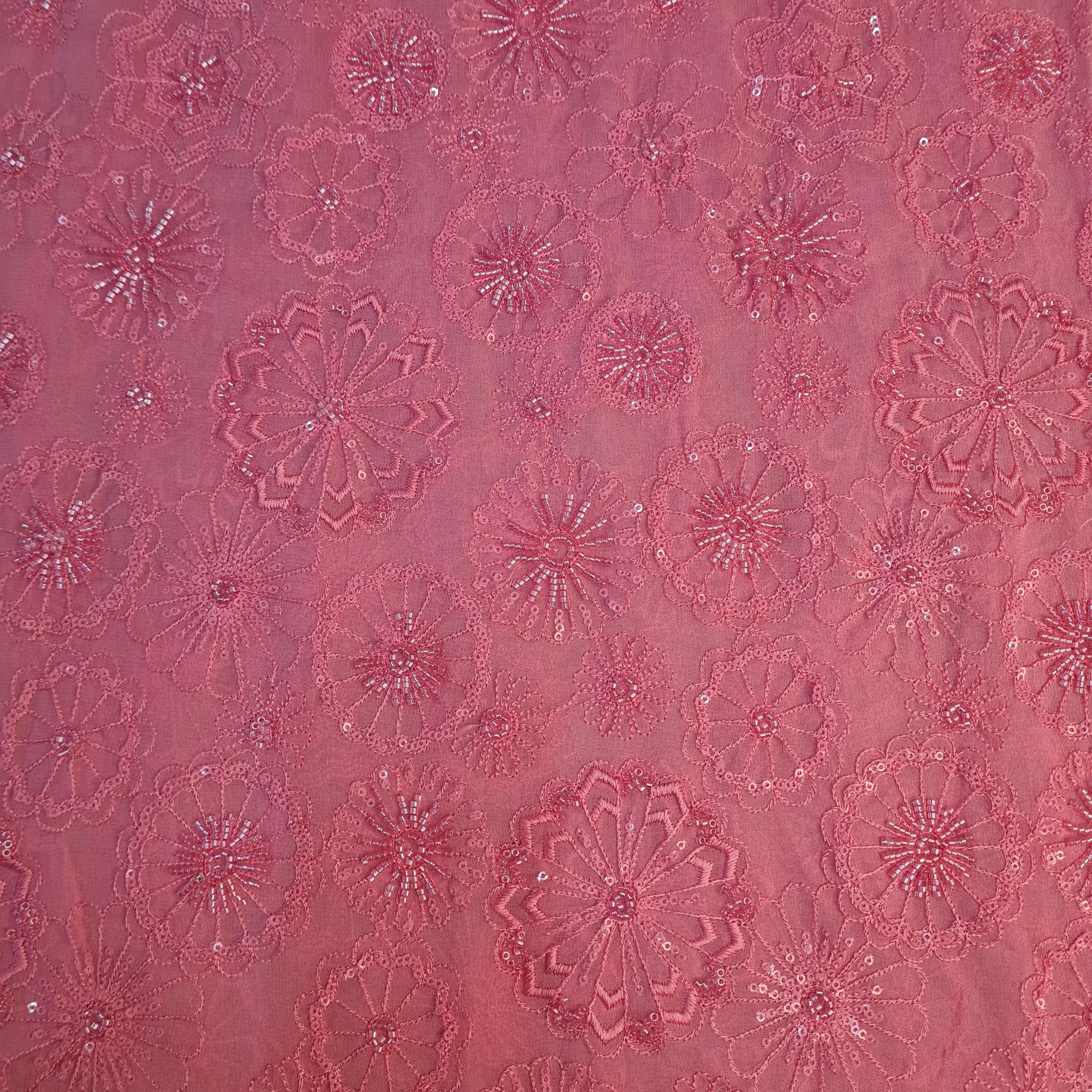 Premium Dark Pink Floral CutDana Embroidery Georgette Fabric