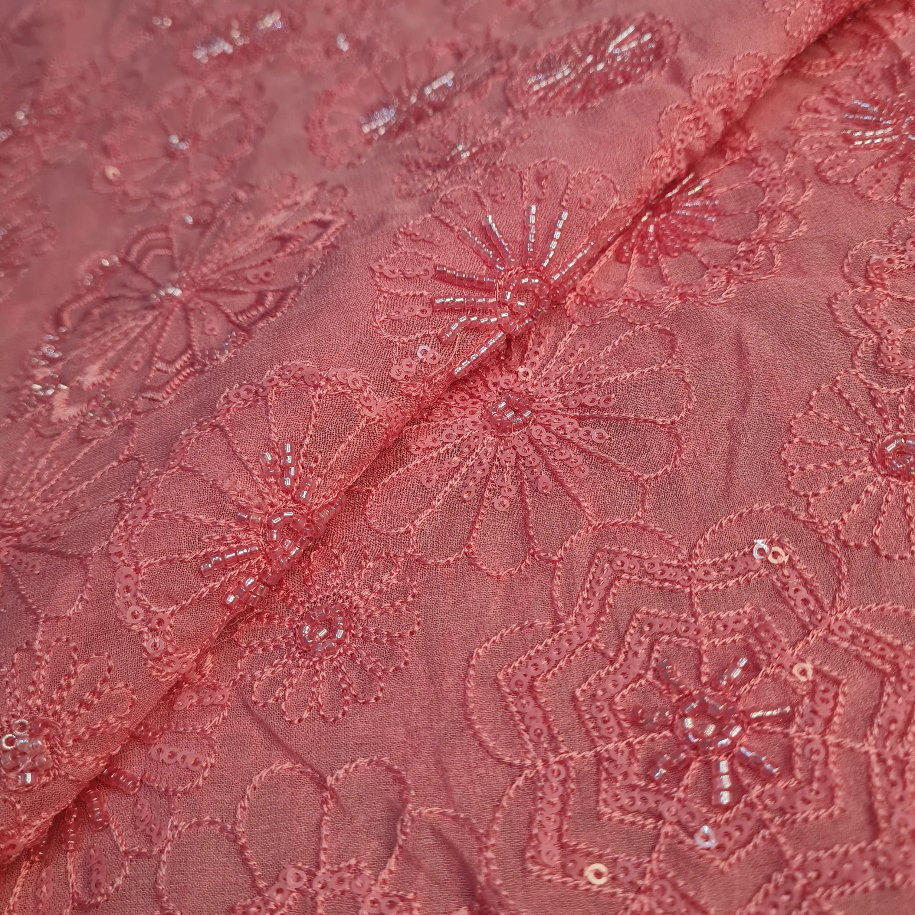 Premium Dark Pink Floral CutDana Embroidery Georgette Fabric