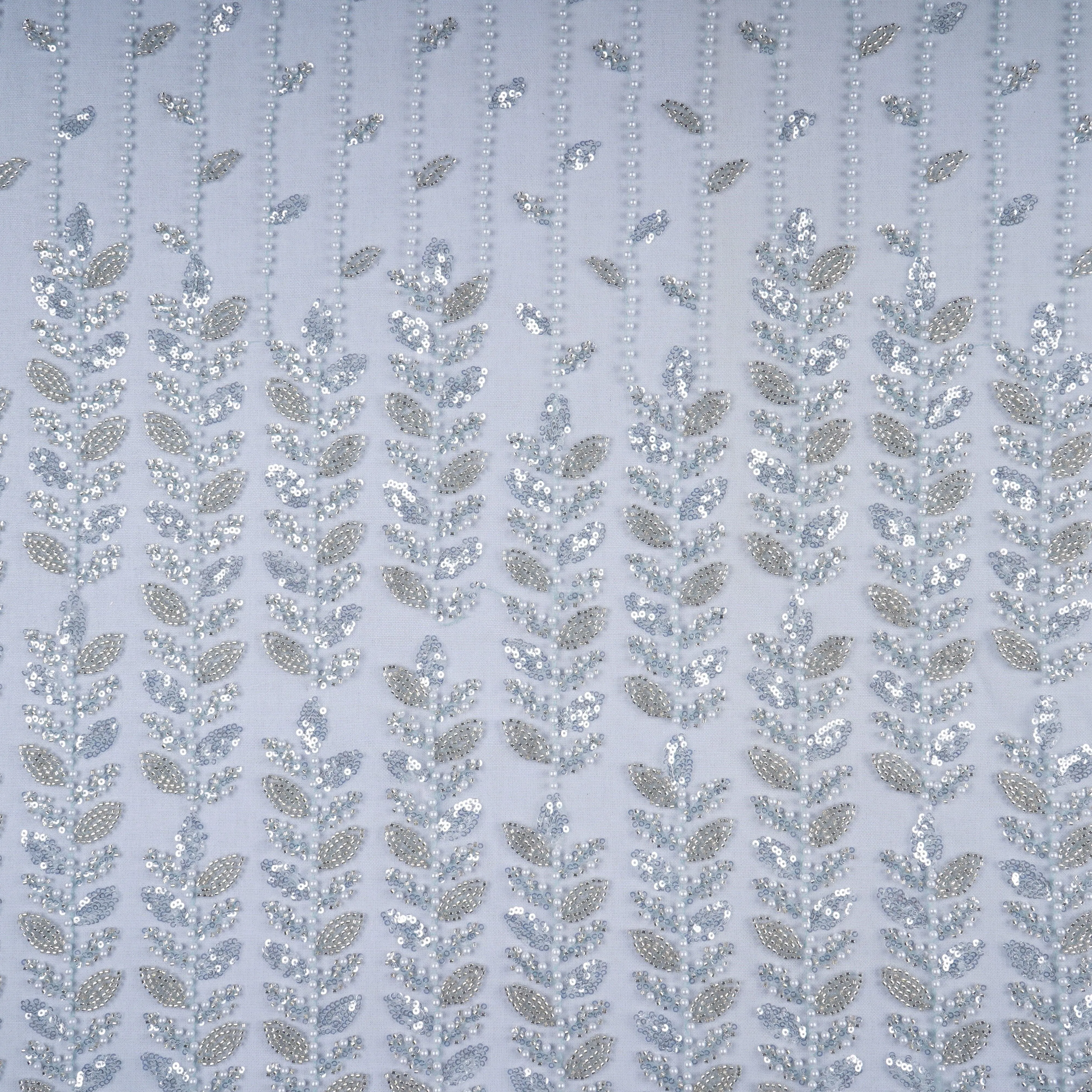 Premium Light Turquoise Floral Pearl CutDana Embroidery Net Fabric