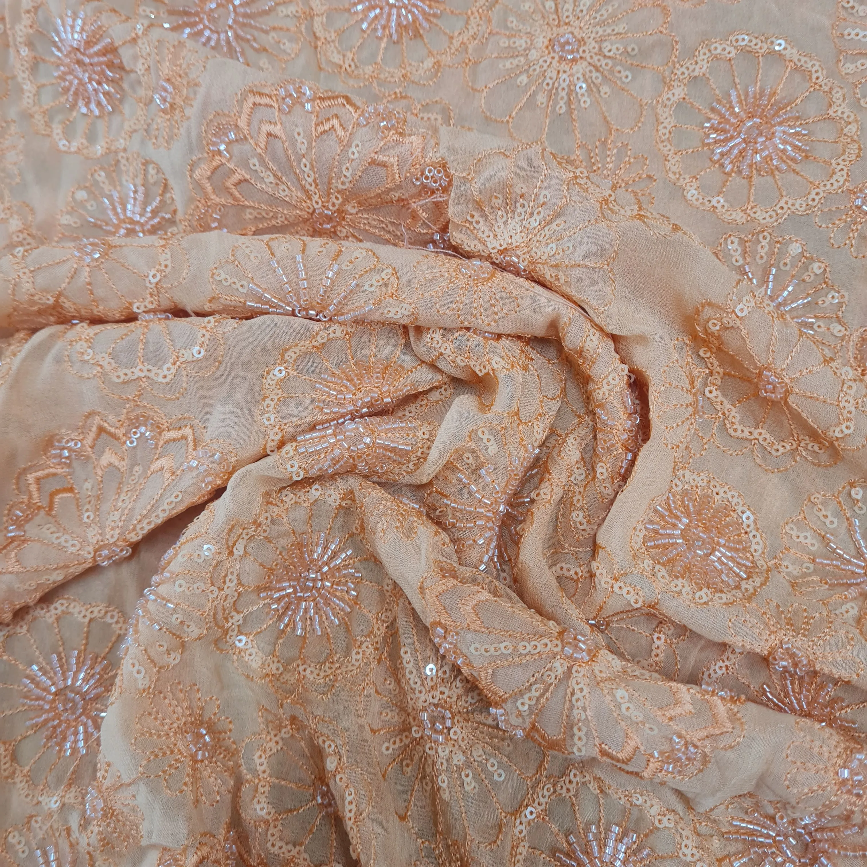 Premium Orange Floral CutDana Thread Embroidery Georgette Fabric