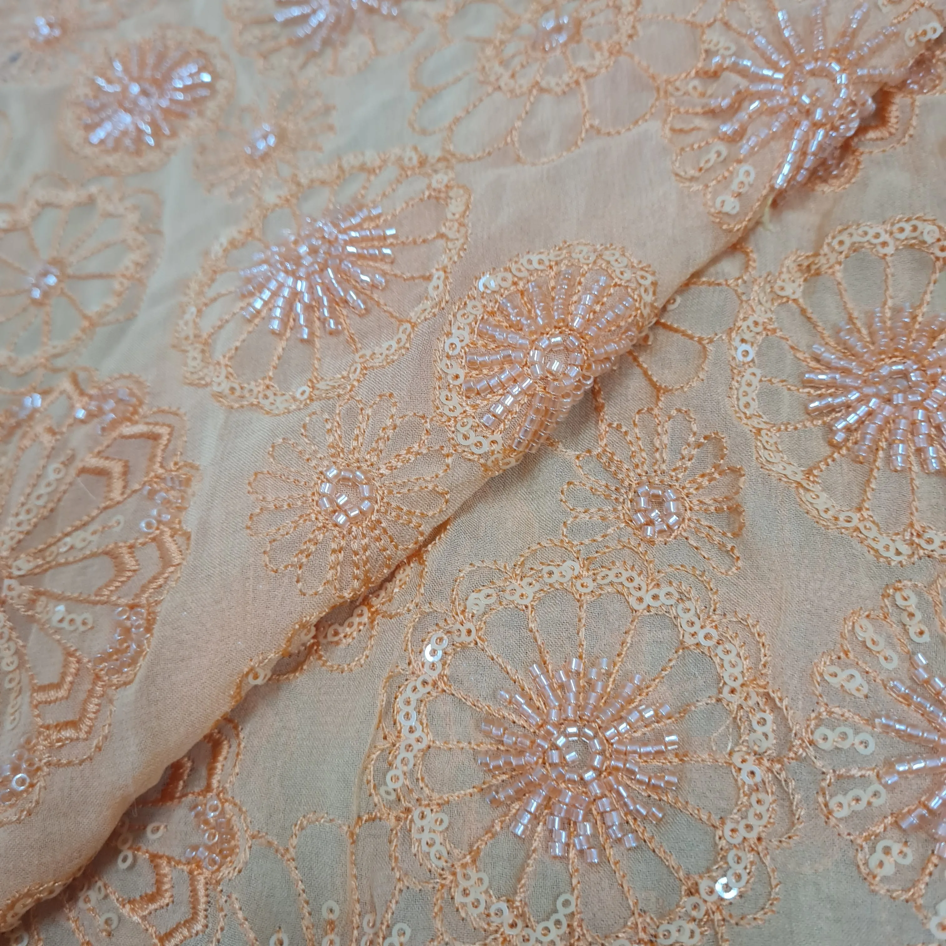 Premium Orange Floral CutDana Thread Embroidery Georgette Fabric
