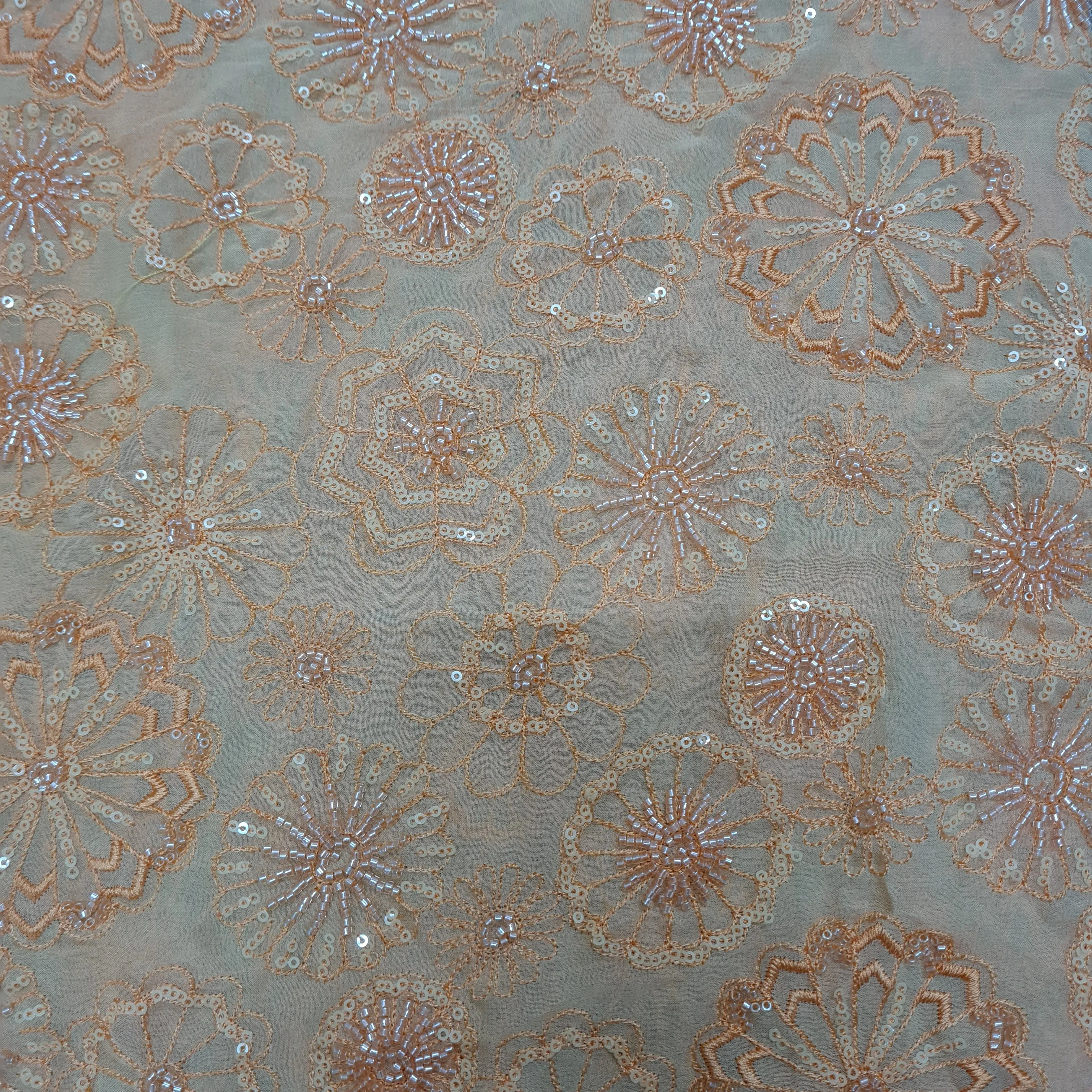 Premium Orange Floral CutDana Thread Embroidery Georgette Fabric