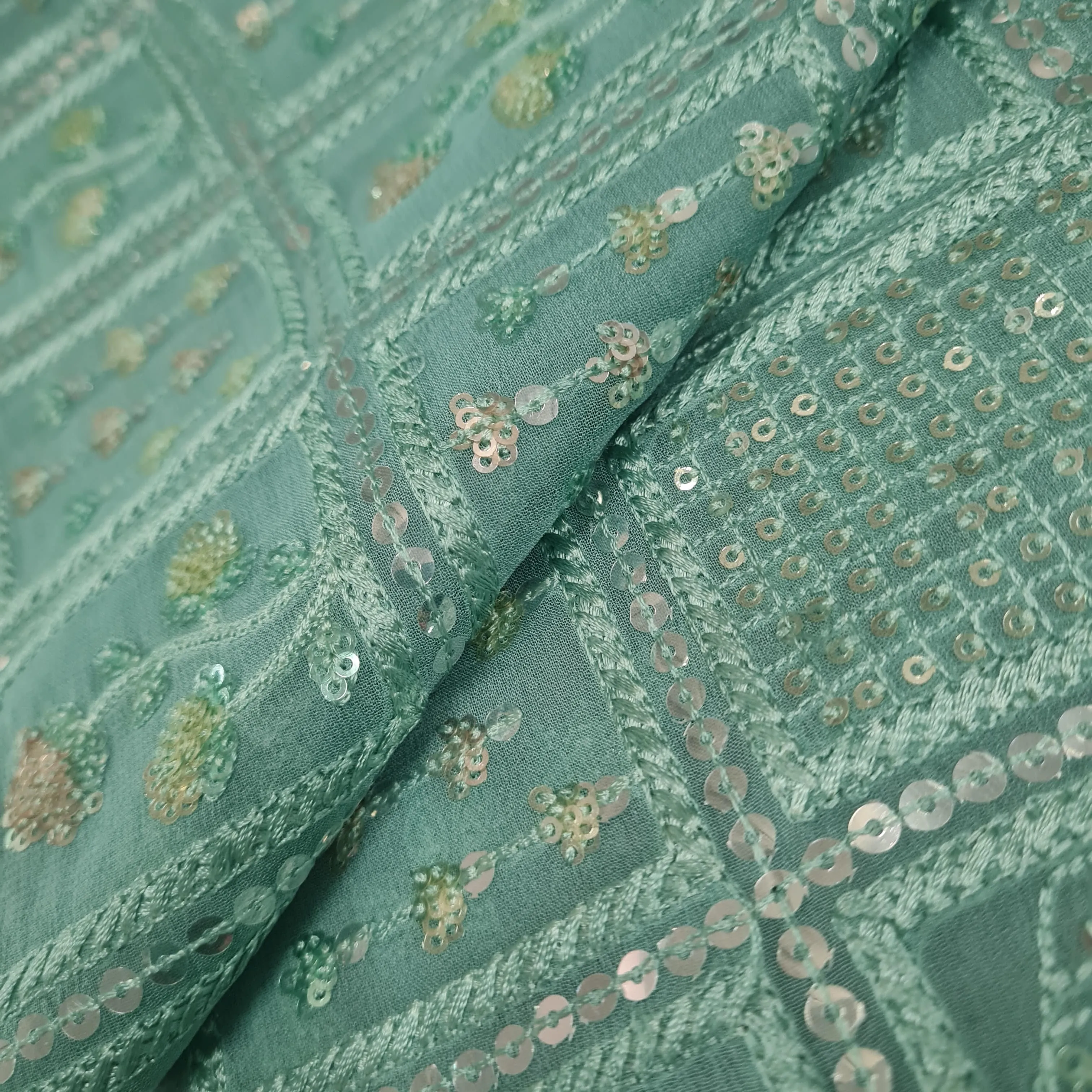 Premium Sky Blue Floral Sequins Embroidery Georgette Fabric