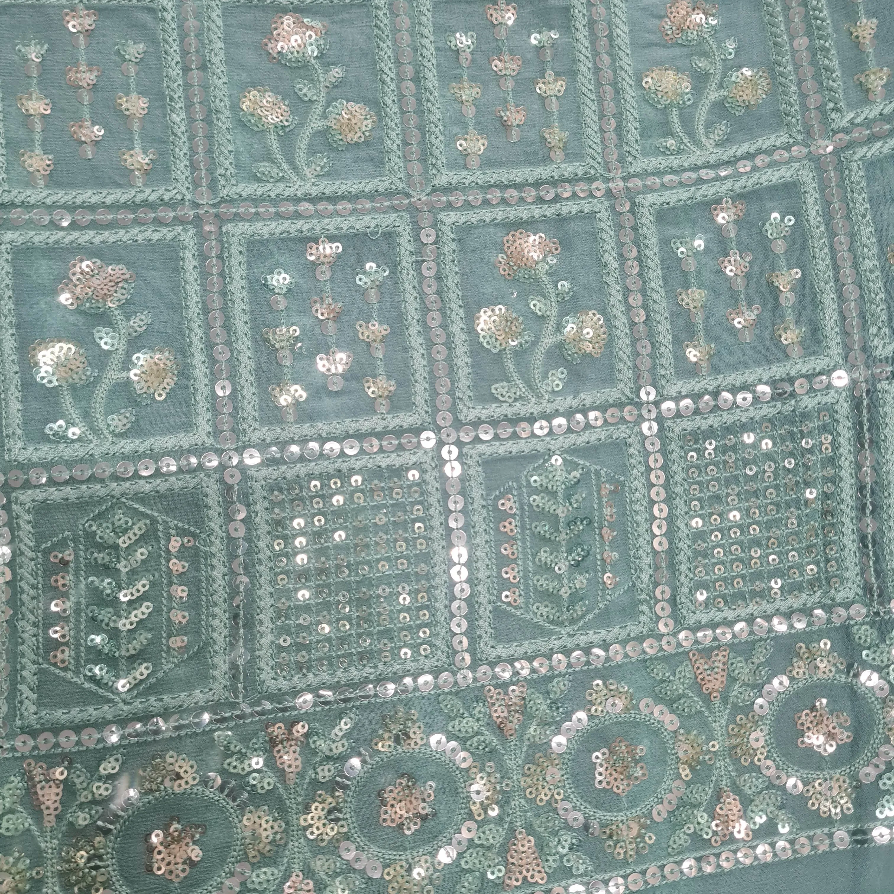 Premium Sky Blue Floral Sequins Embroidery Georgette Fabric