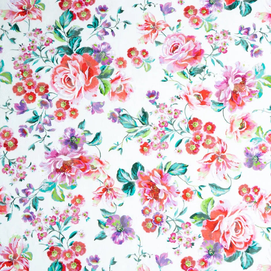 Purple & Red Floral Printed White Cotton Voile Jacquard