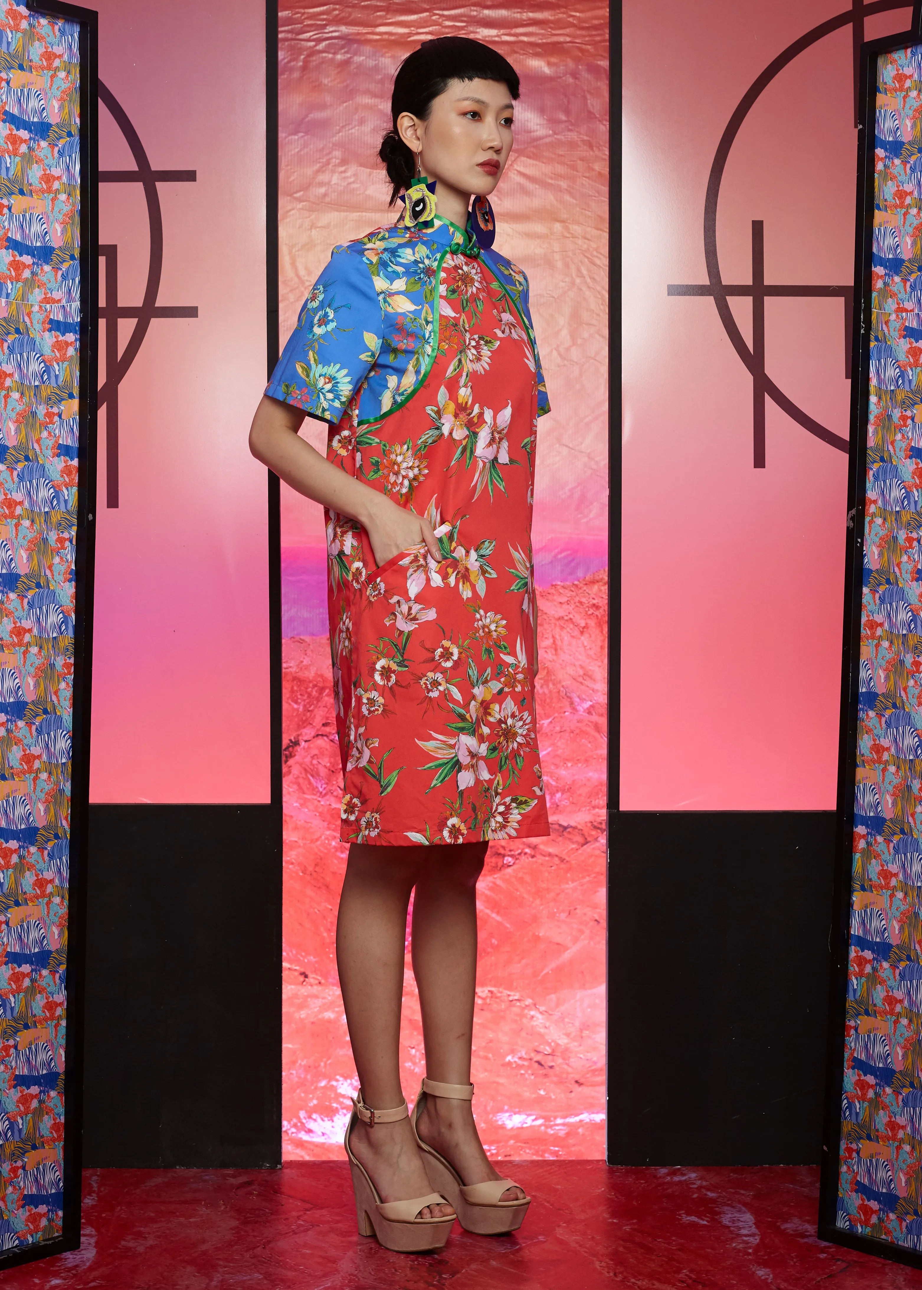 RED FLORAL ITALIAN COTTON WITH BLUE YOKE - A-LINE CHEONGSAM - RED