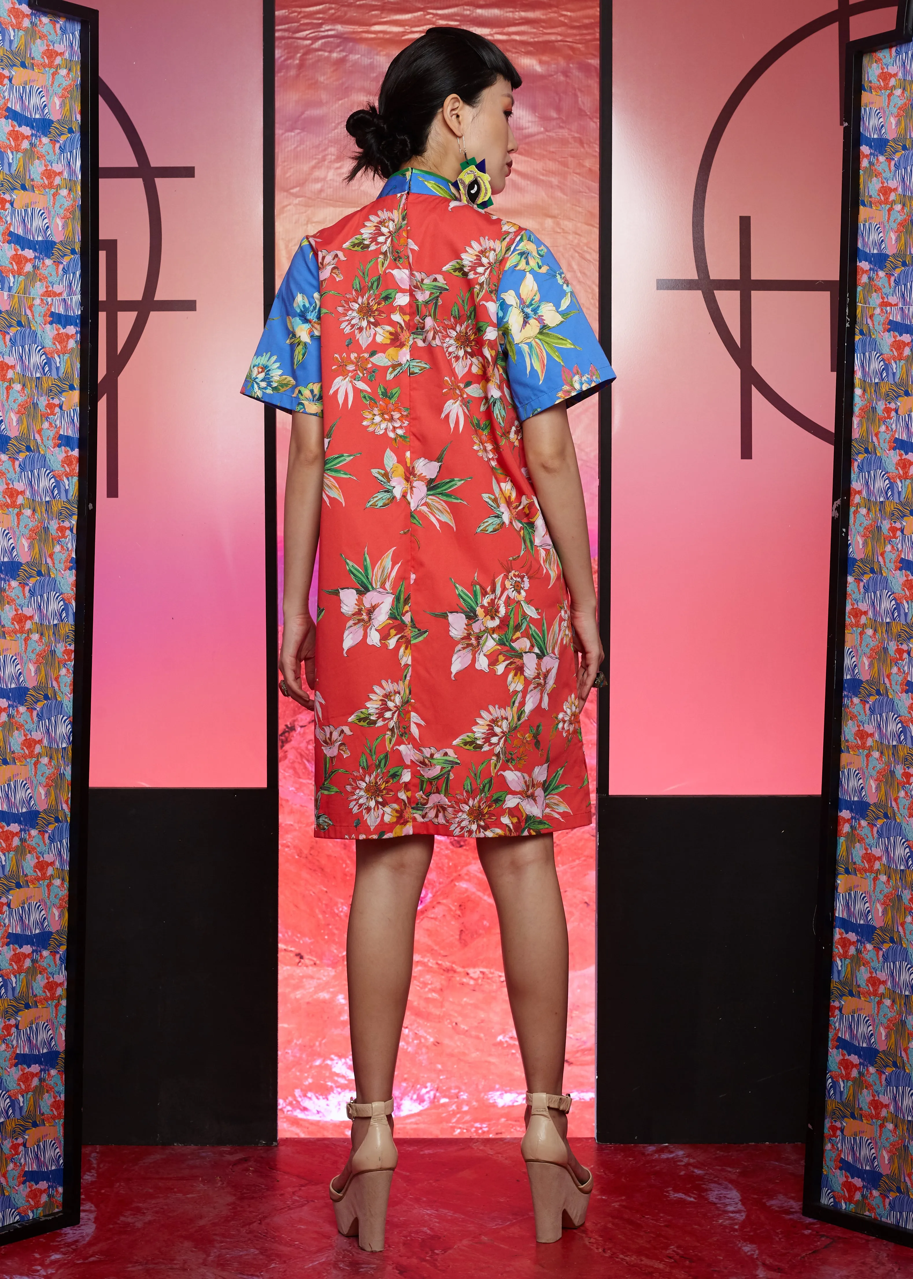 RED FLORAL ITALIAN COTTON WITH BLUE YOKE - A-LINE CHEONGSAM - RED