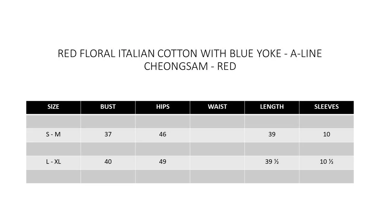 RED FLORAL ITALIAN COTTON WITH BLUE YOKE - A-LINE CHEONGSAM - RED