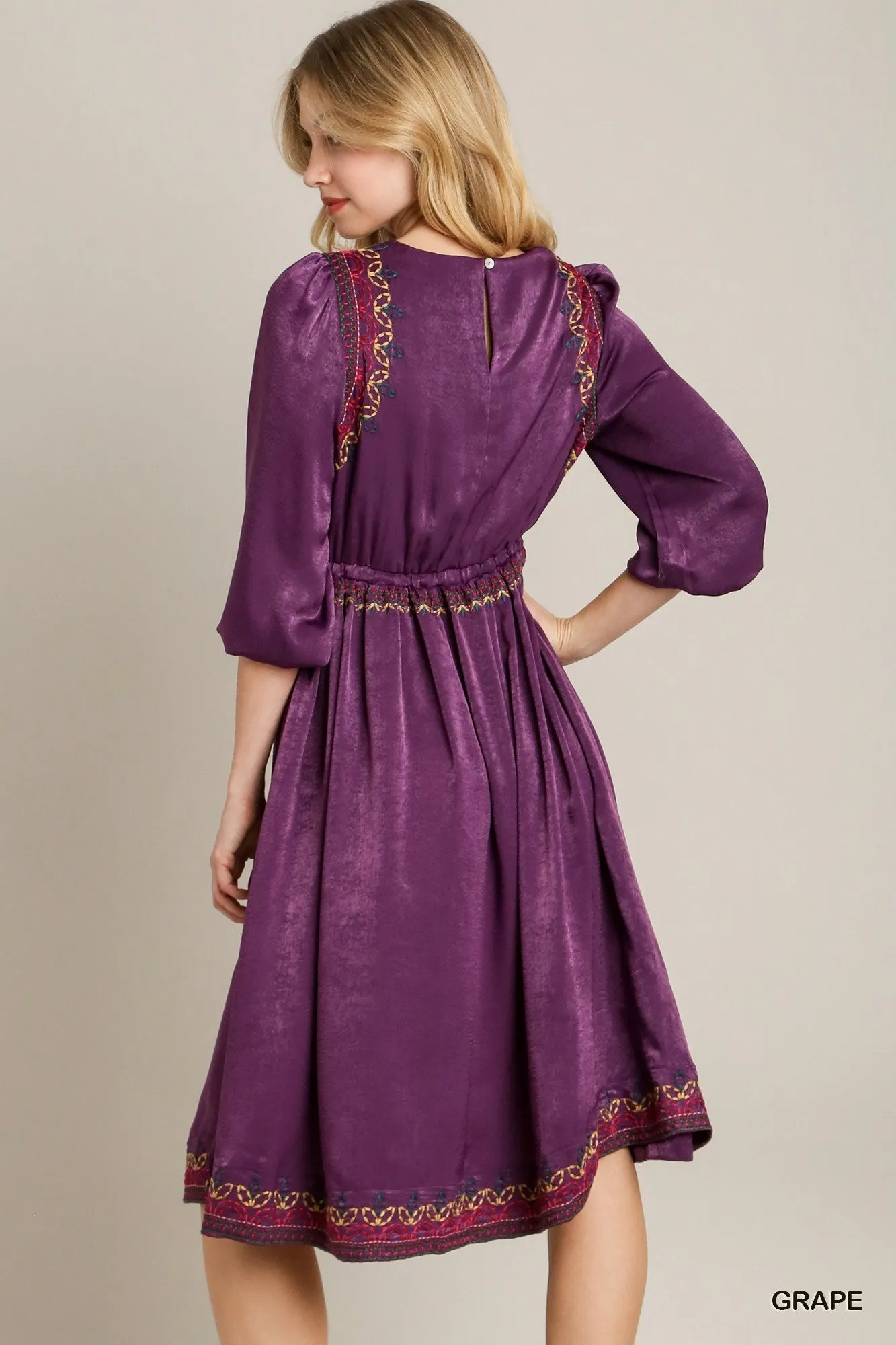 Satin Round Neck Embroidery Midi Dress - 2 colors