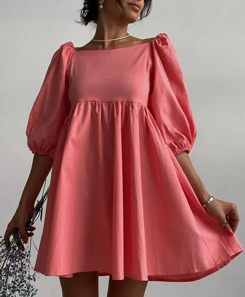 Square Elegant Puff Short Sleeve A-Line Loose Party Dress