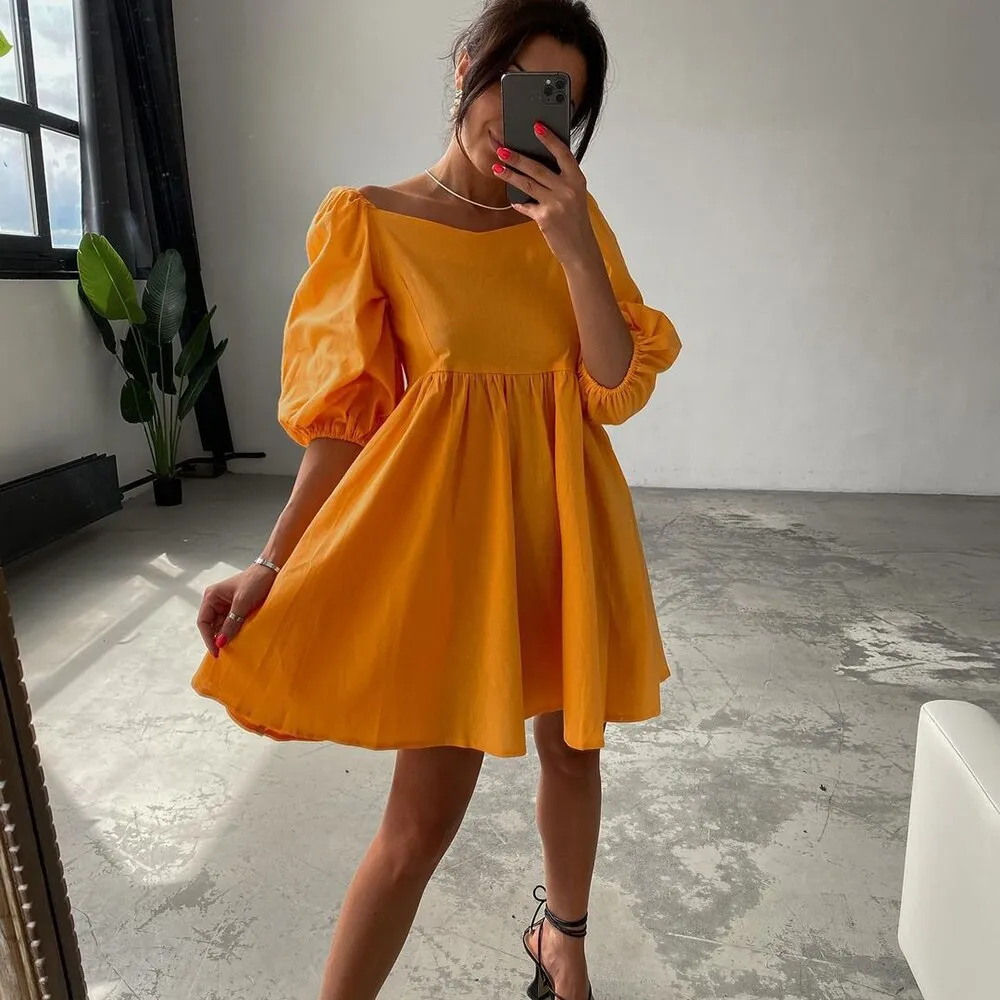 Square Elegant Puff Short Sleeve A-Line Loose Party Dress