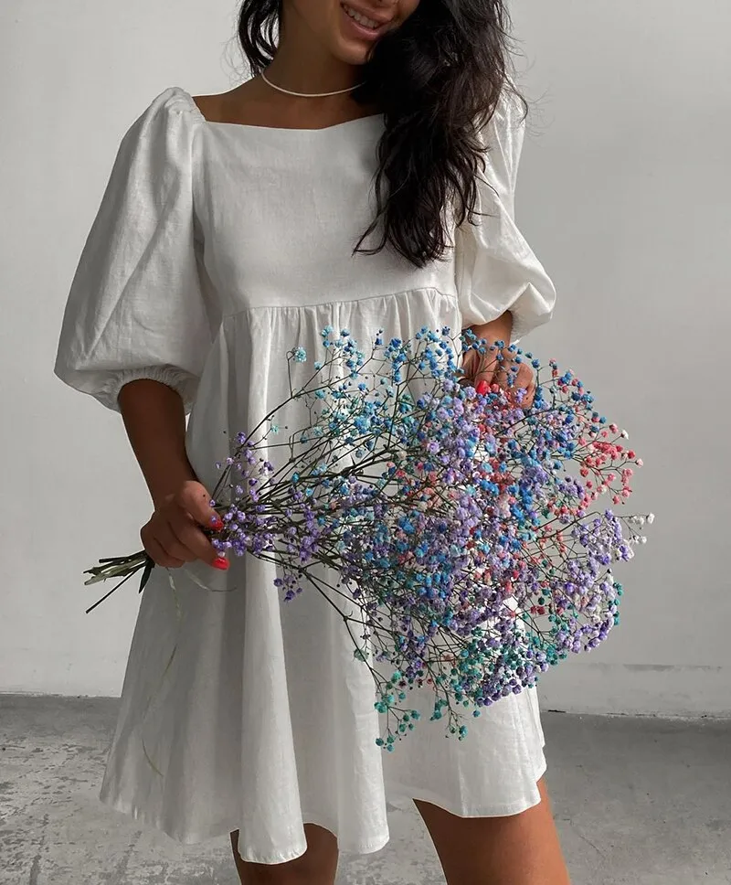 Square Elegant Puff Short Sleeve A-Line Loose Party Dress