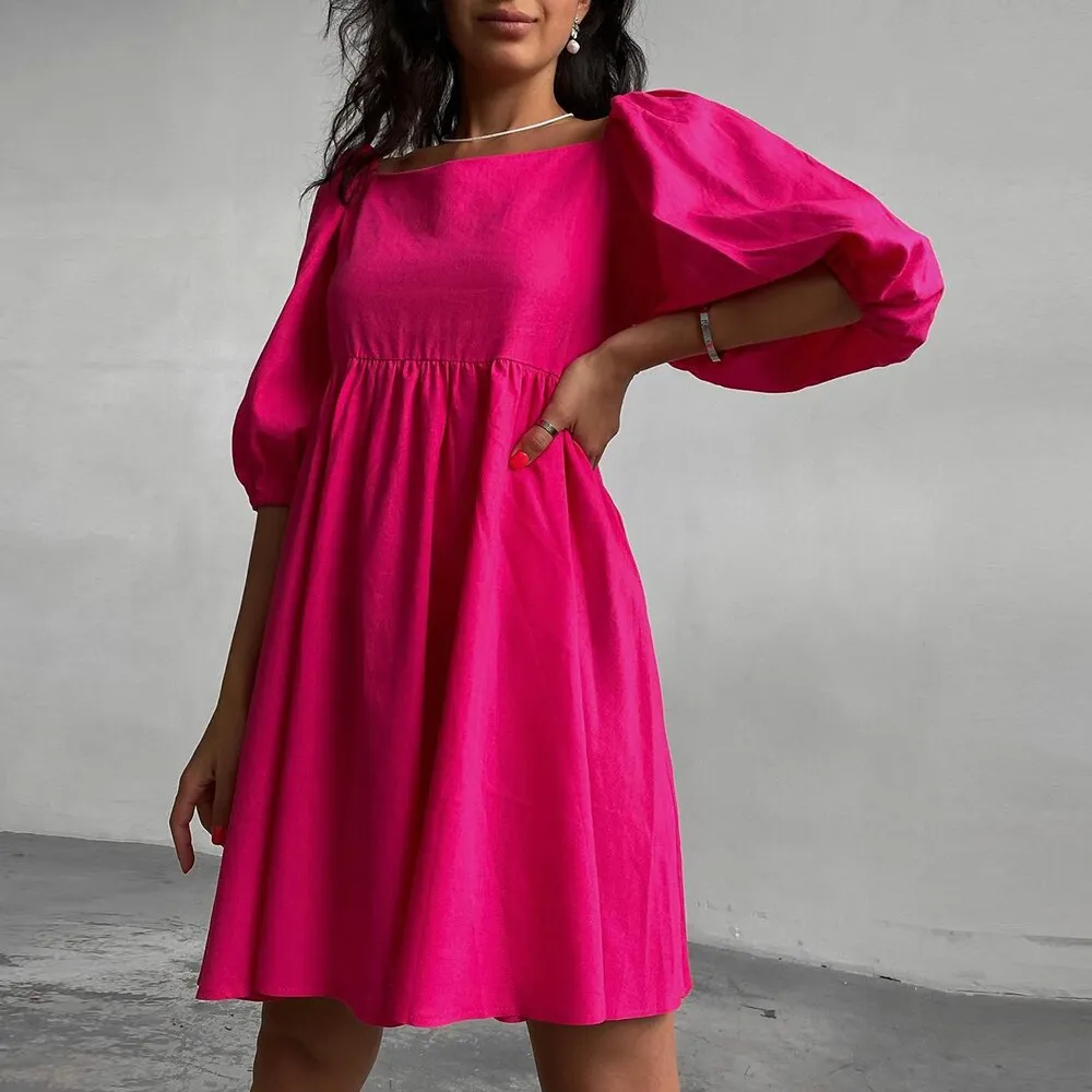 Square Elegant Puff Short Sleeve A-Line Loose Party Dress